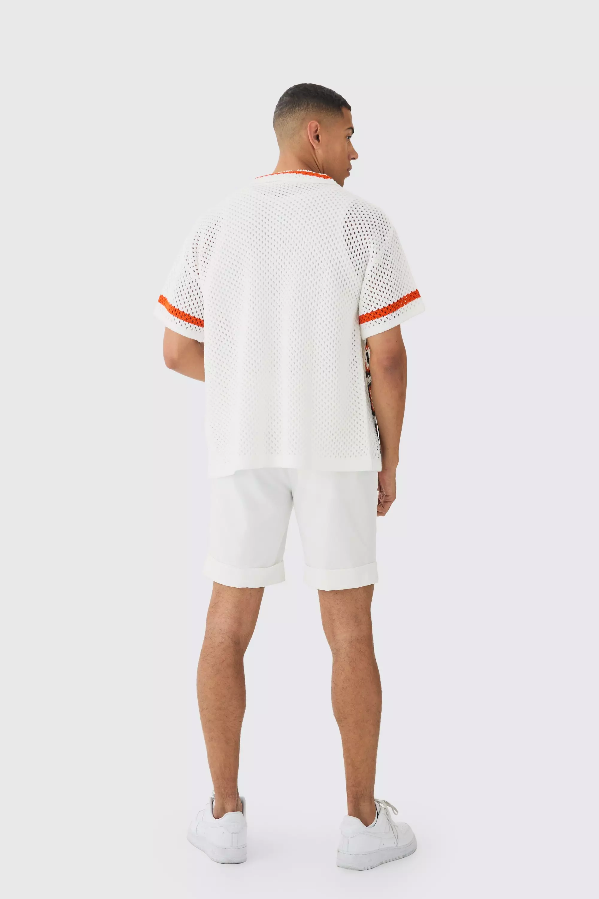 White Oversized Boxy Crochet Placement Knit Shirt alternative image