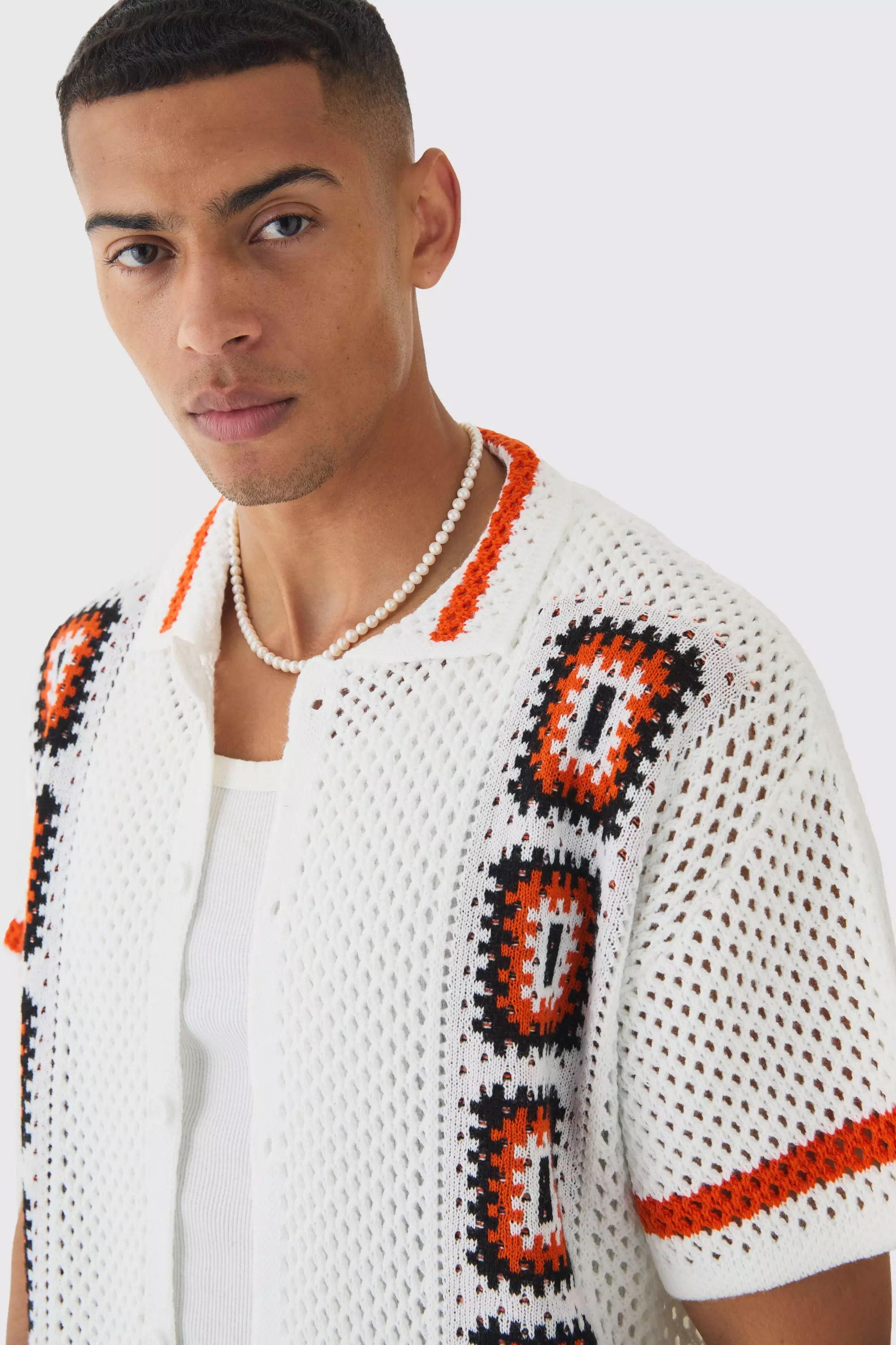 White Oversized Boxy Crochet Placement Knit Shirt alternative image