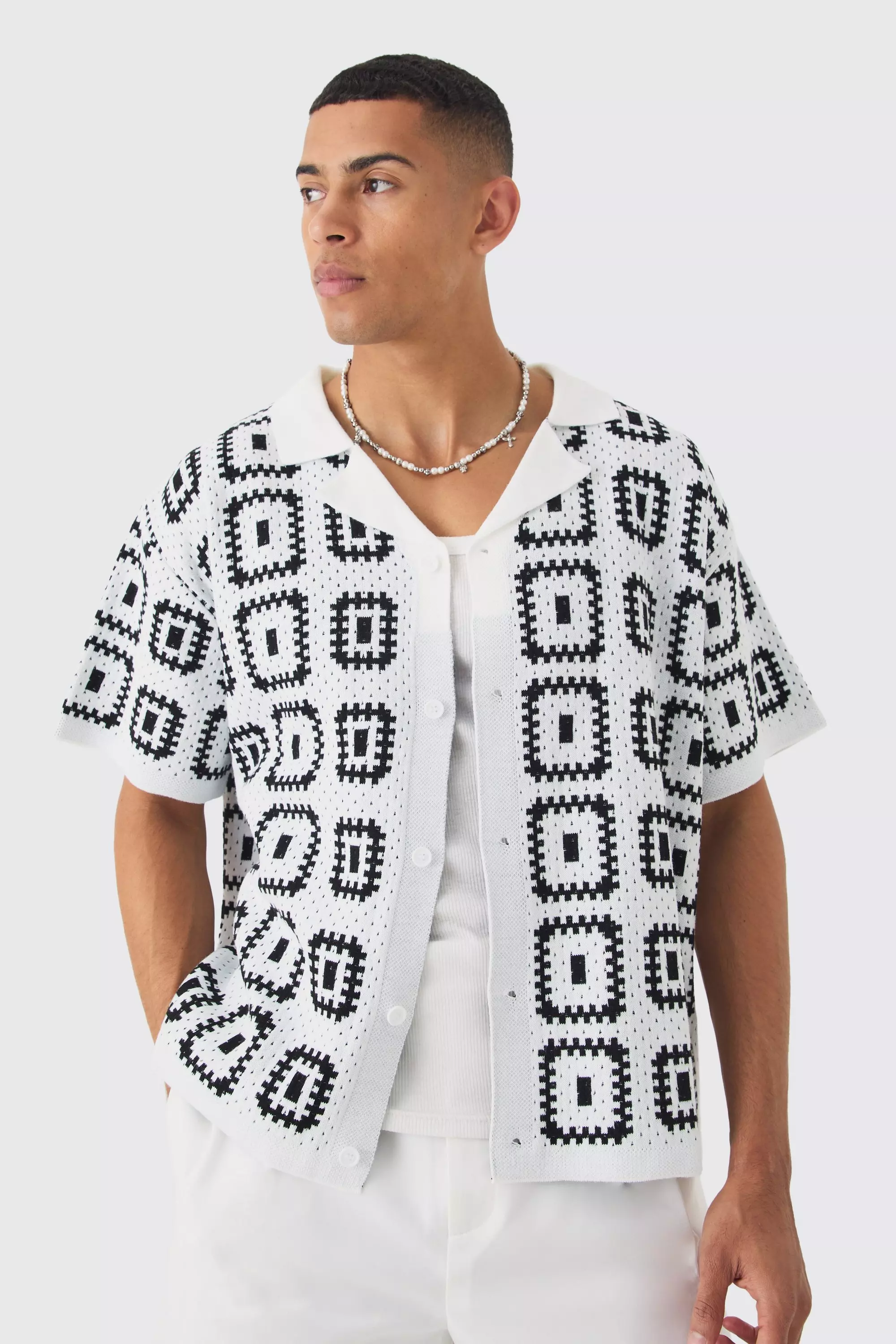 White Oversized Boxy Crochet Knit Revere Shirt alternative image