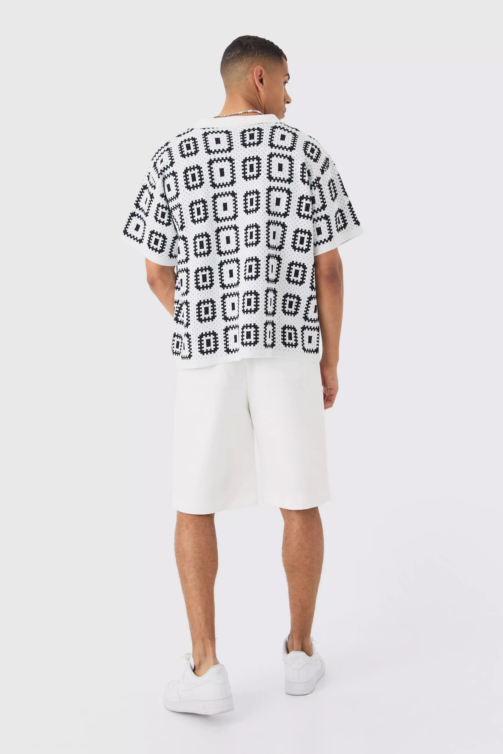 White Oversized Boxy Crochet Knit Revere Shirt alternative image