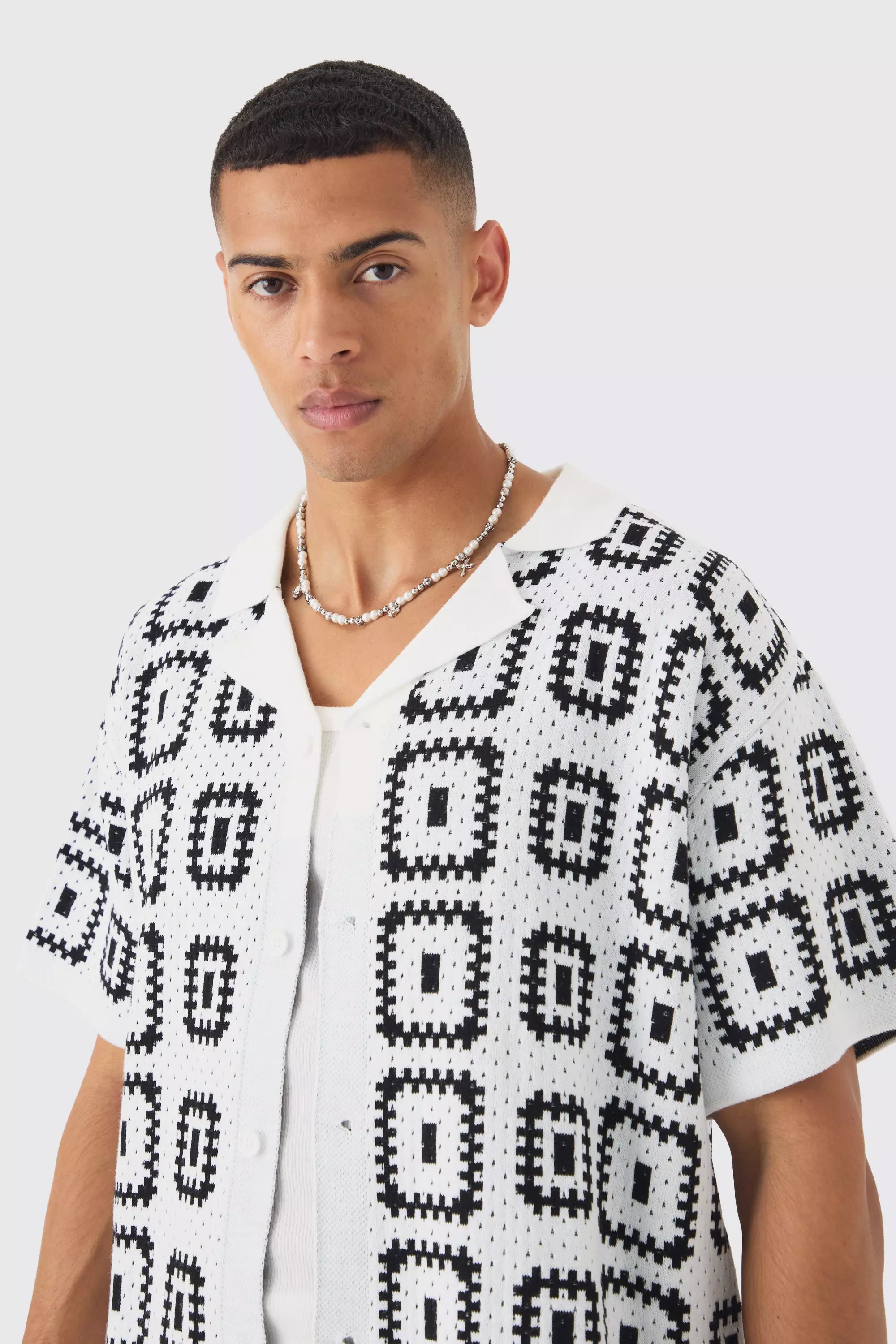 White Oversized Boxy Crochet Knit Revere Shirt alternative image