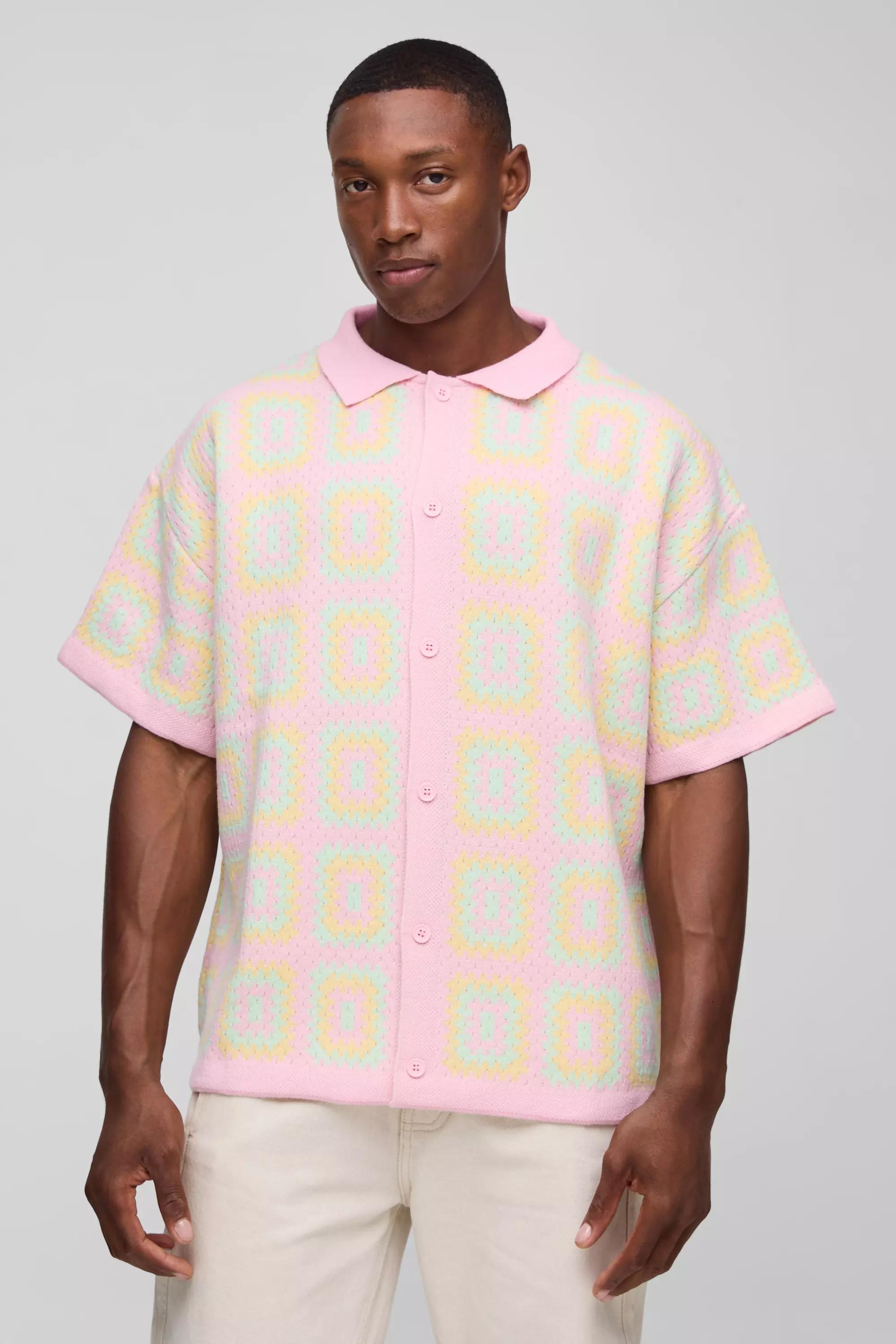Pink Oversized Boxy Crochet Knit Shirt alternative image
