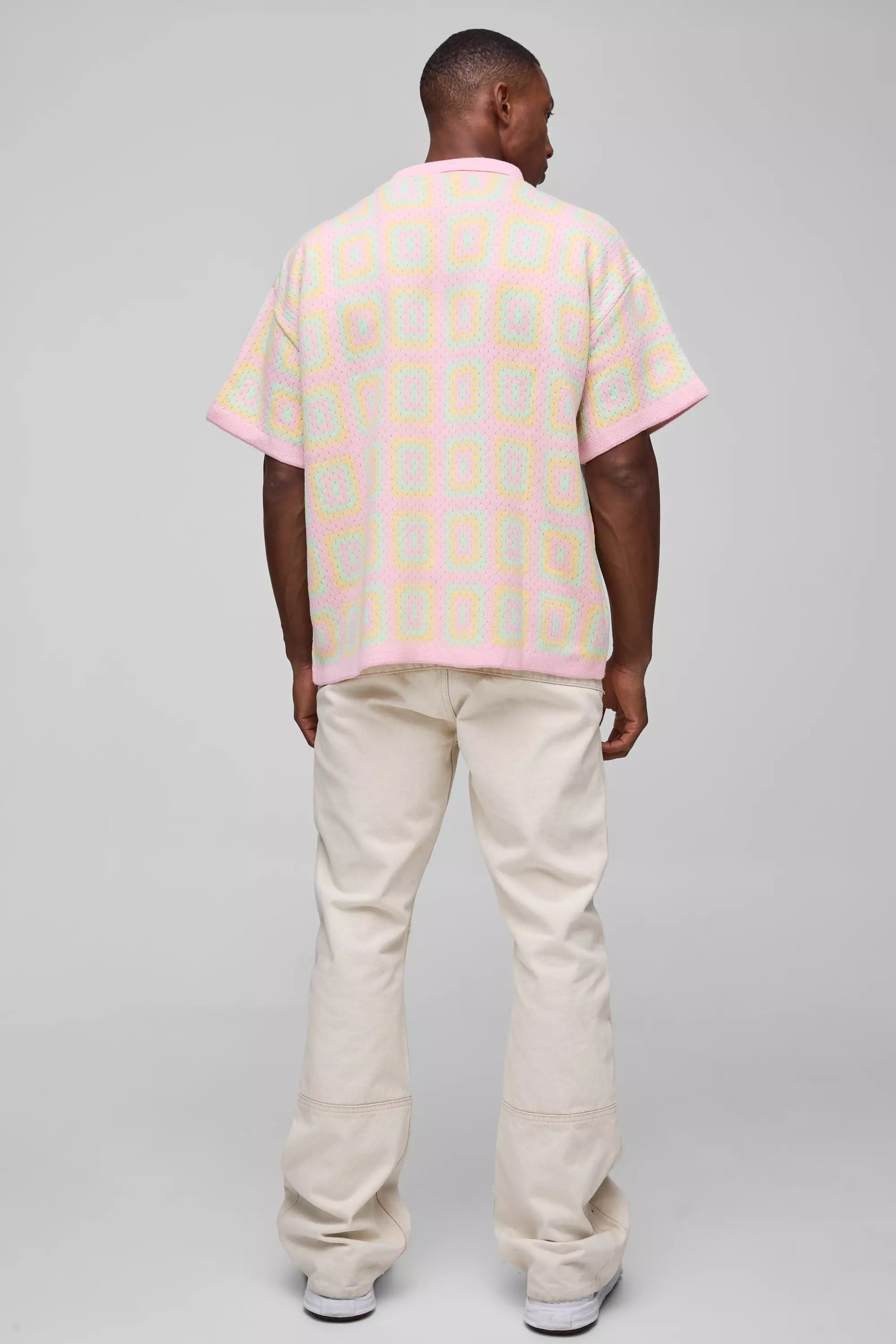 Pink Oversized Boxy Crochet Knit Shirt alternative image