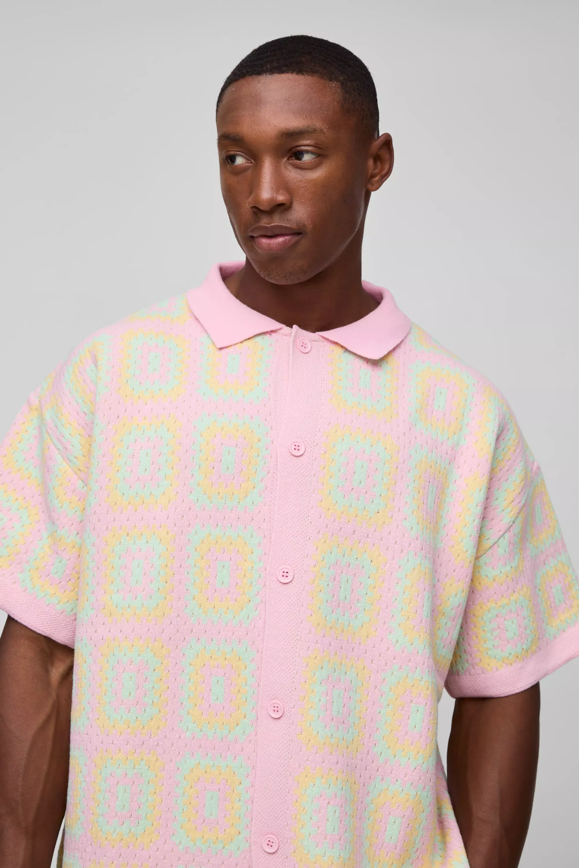 Pink Oversized Boxy Crochet Knit Shirt alternative image