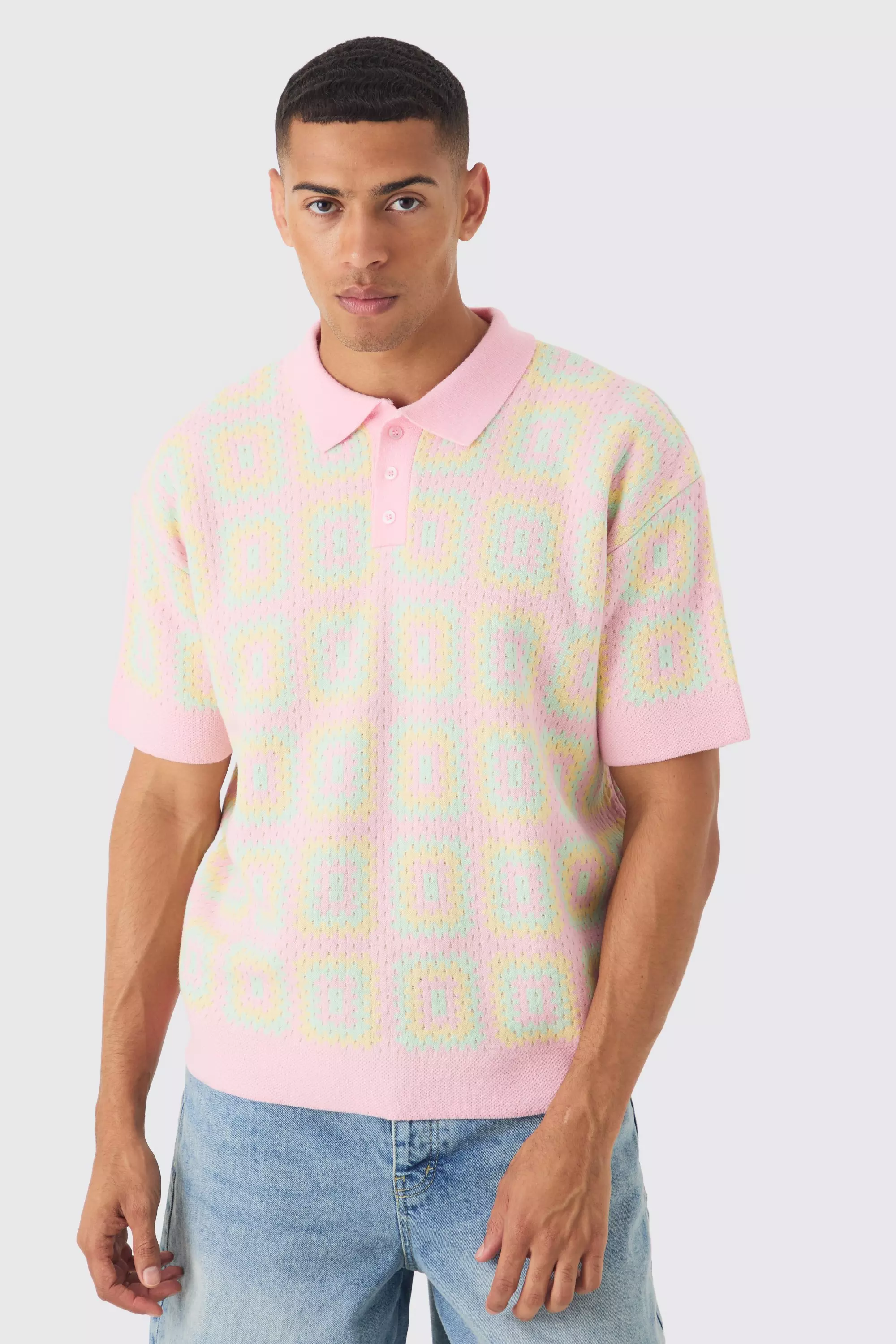Pink Oversized Crochet Knit Polo alternative image