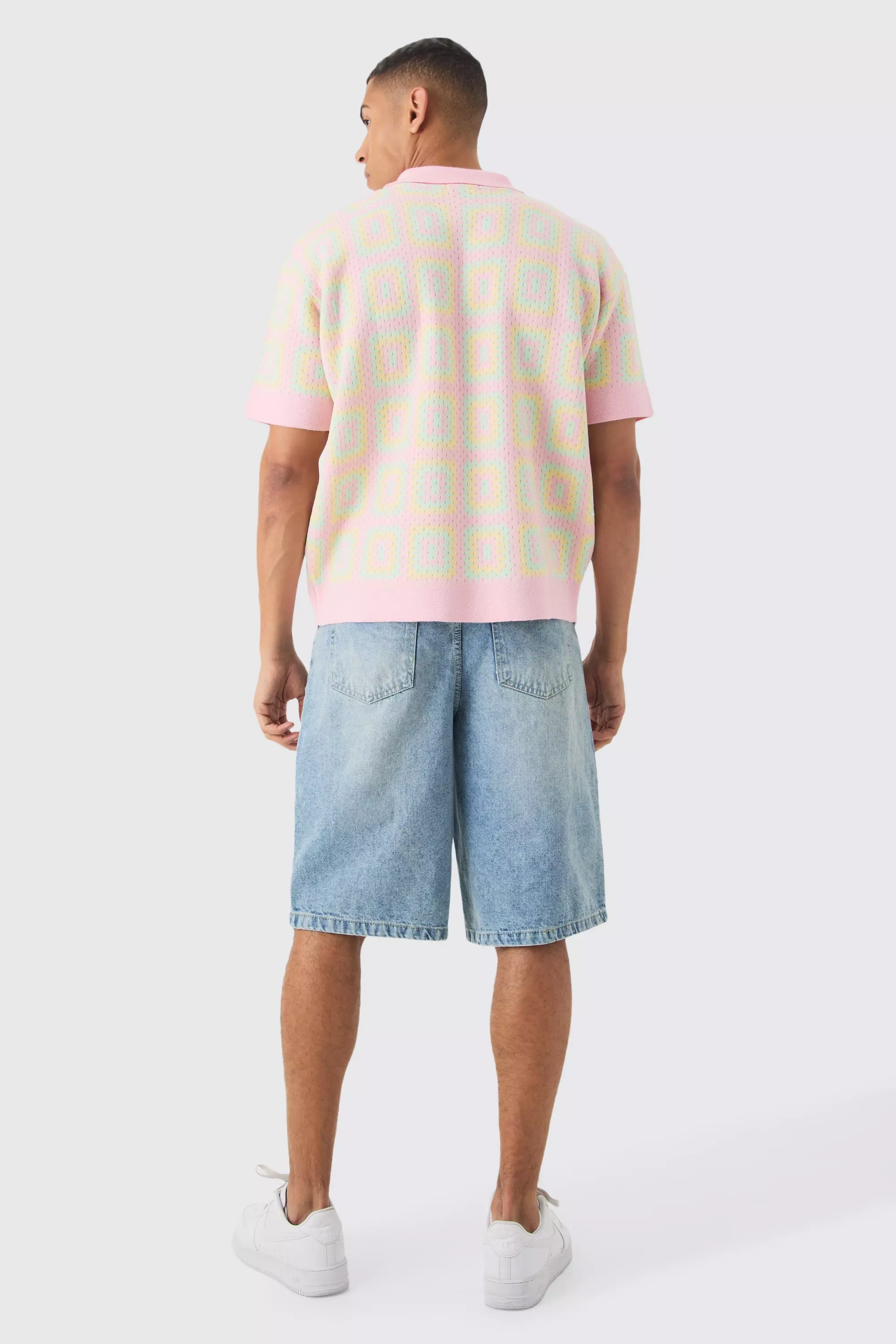 Pink Oversized Crochet Knit Polo alternative image