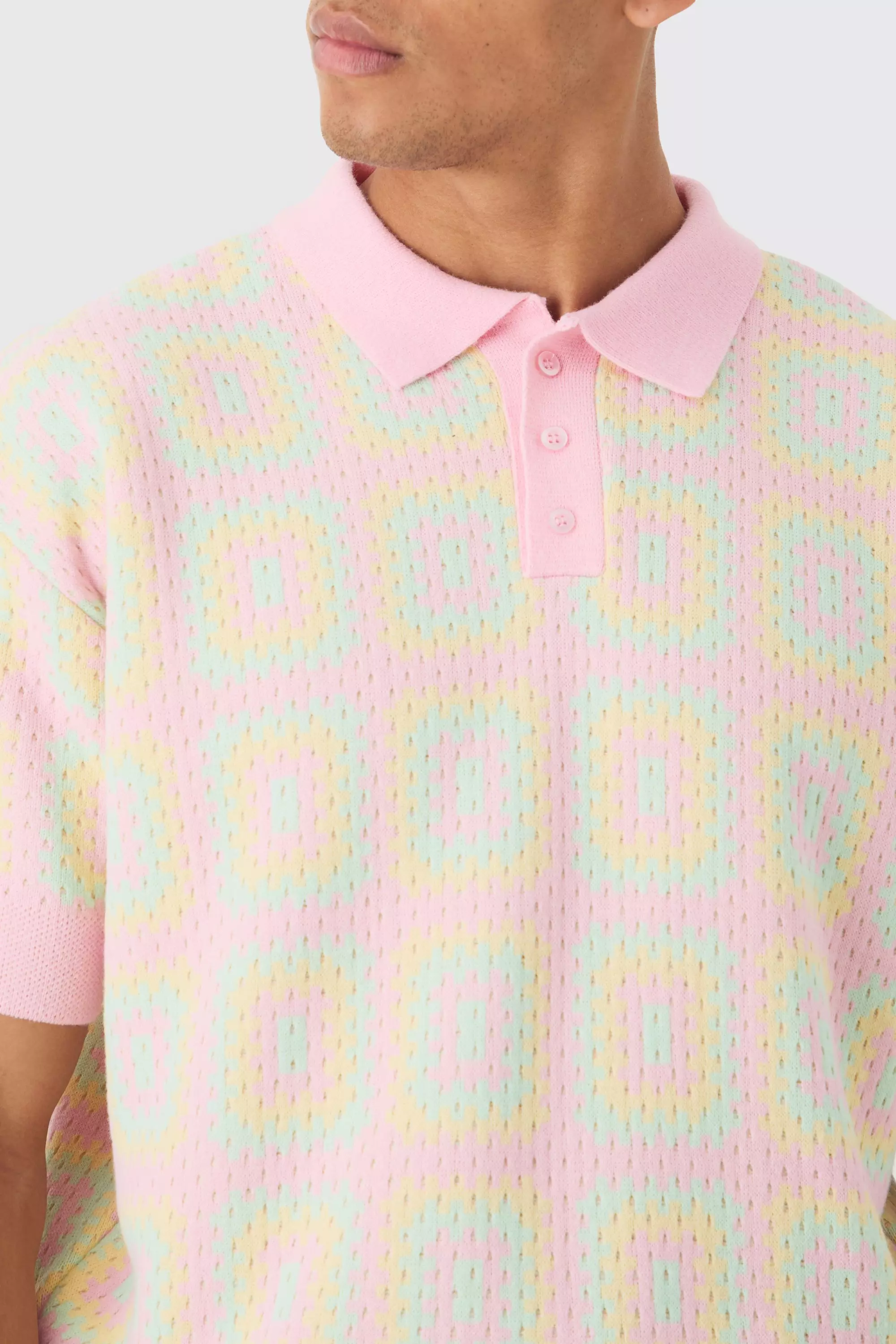 Pink Oversized Crochet Knit Polo alternative image