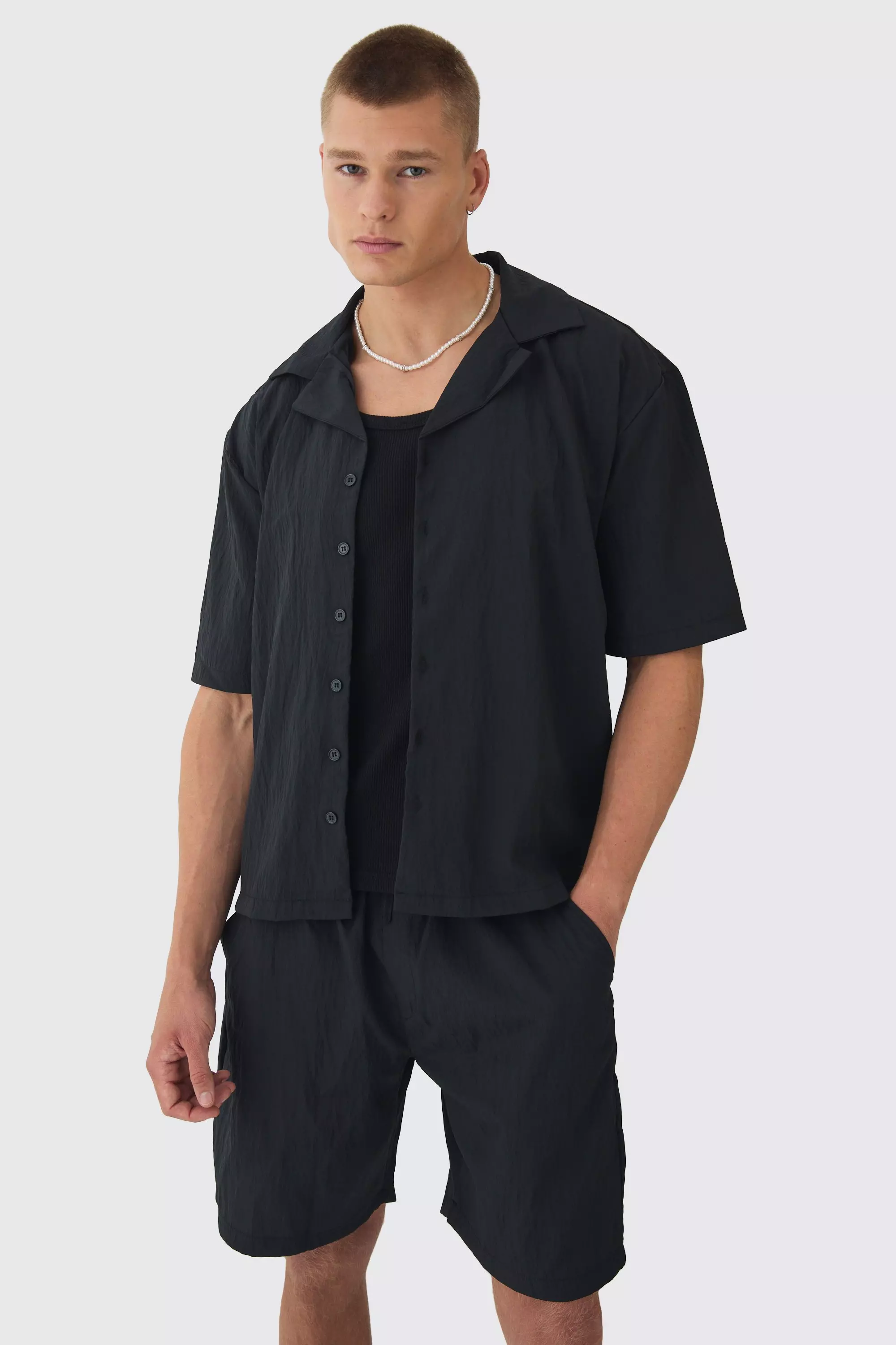 Oversized Crinkle Revere Shirt & Relaxed Short Set Black