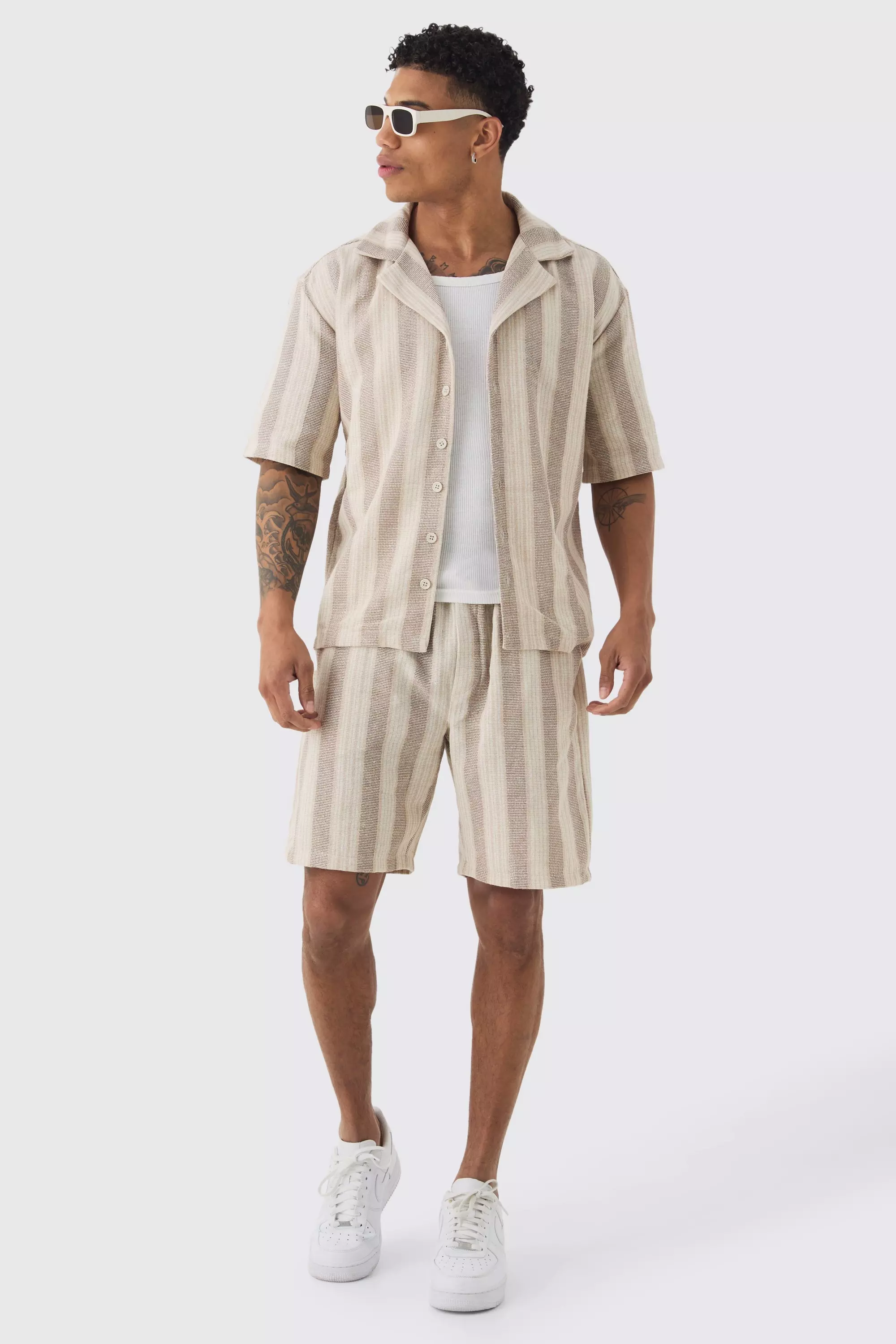 Oversized Revere Linen Look Stripe Shirt & Short Set | boohooMAN UK