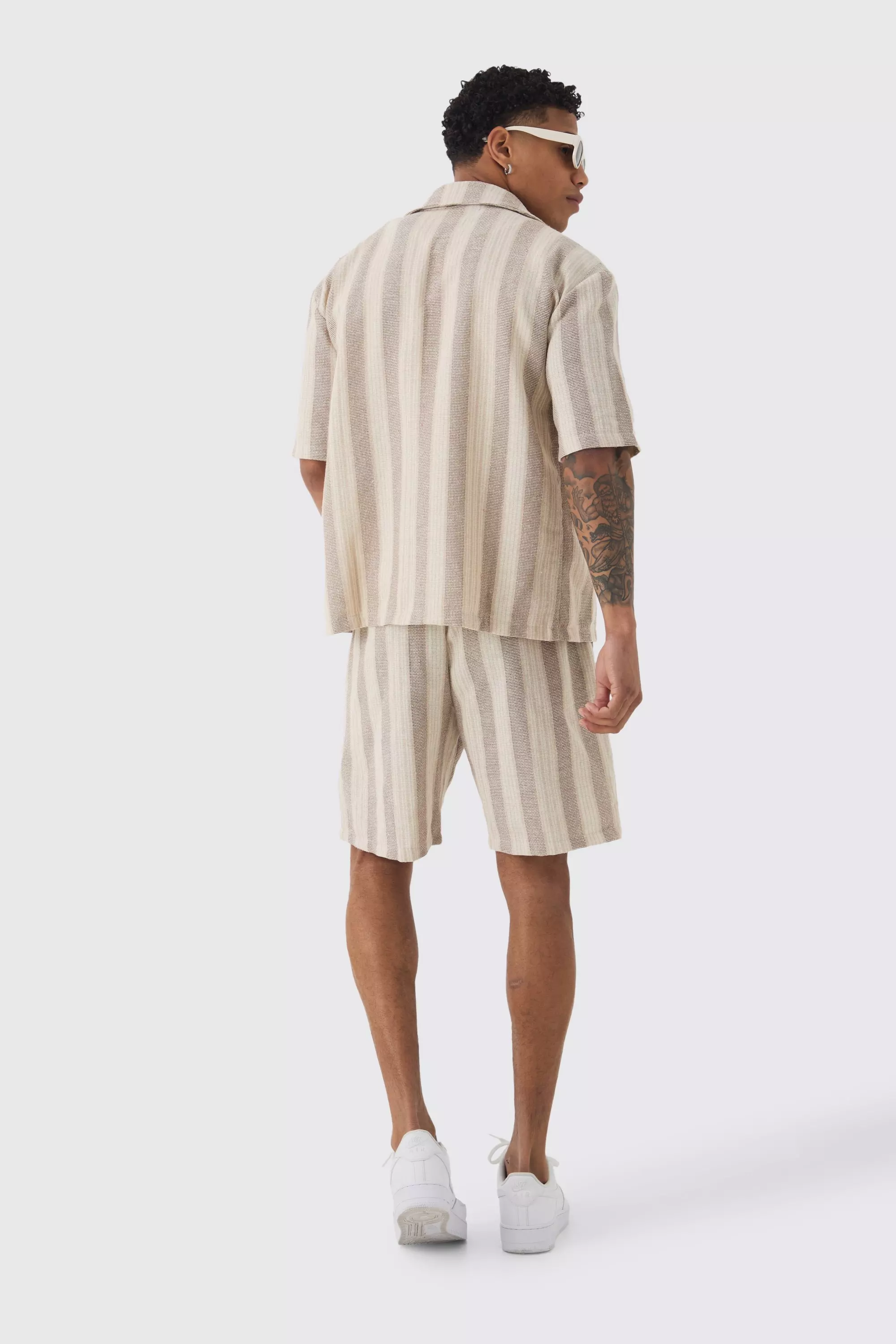 Oversized Revere Linen Look Stripe Shirt & Short Set | boohooMAN UK