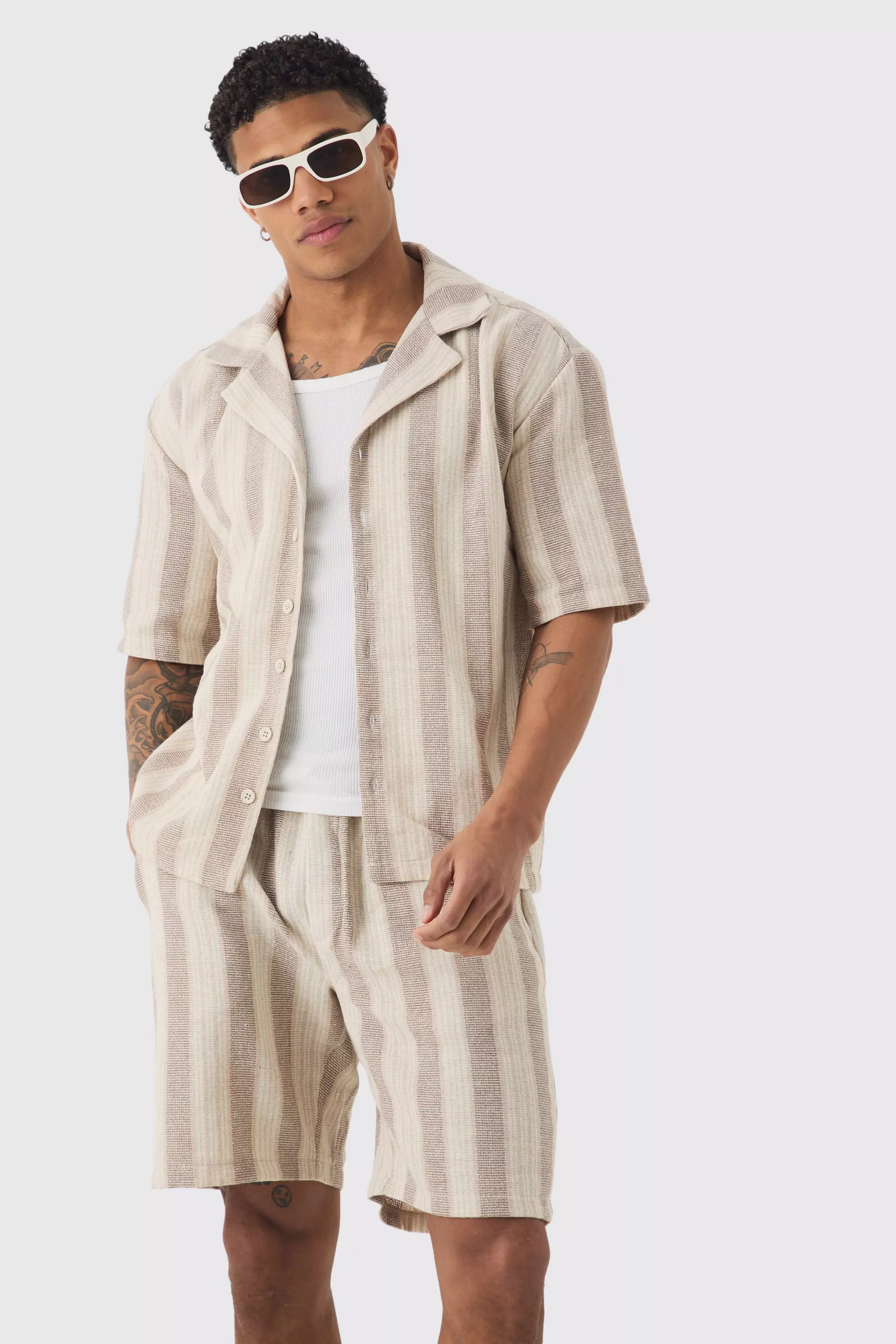 Oversized Revere Linen Look Stripe Shirt & Short Set | boohooMAN UK