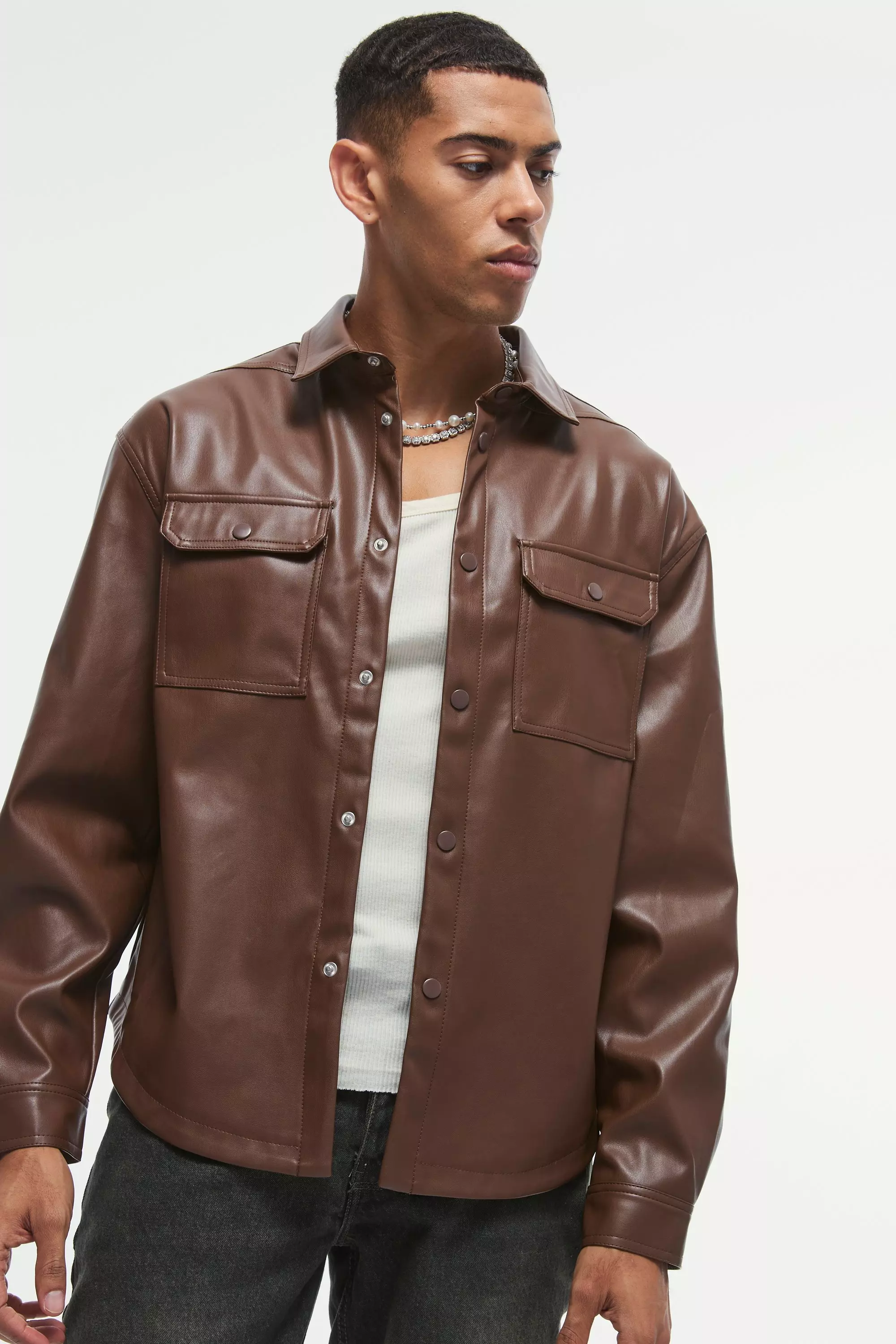 Oversized PU Long Sleeve Overshirt Chocolate