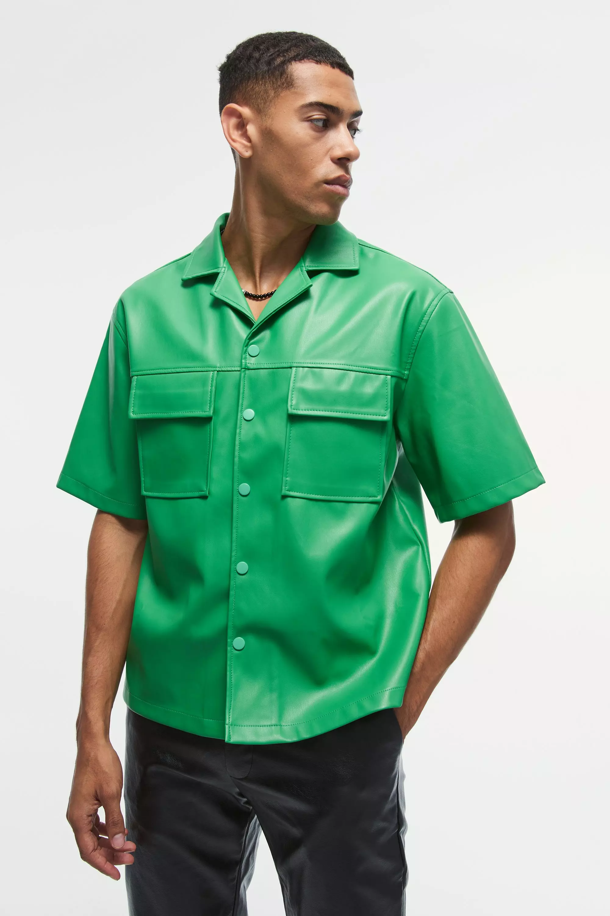 Oversized PU Short Sleeve Overshirt Bright green