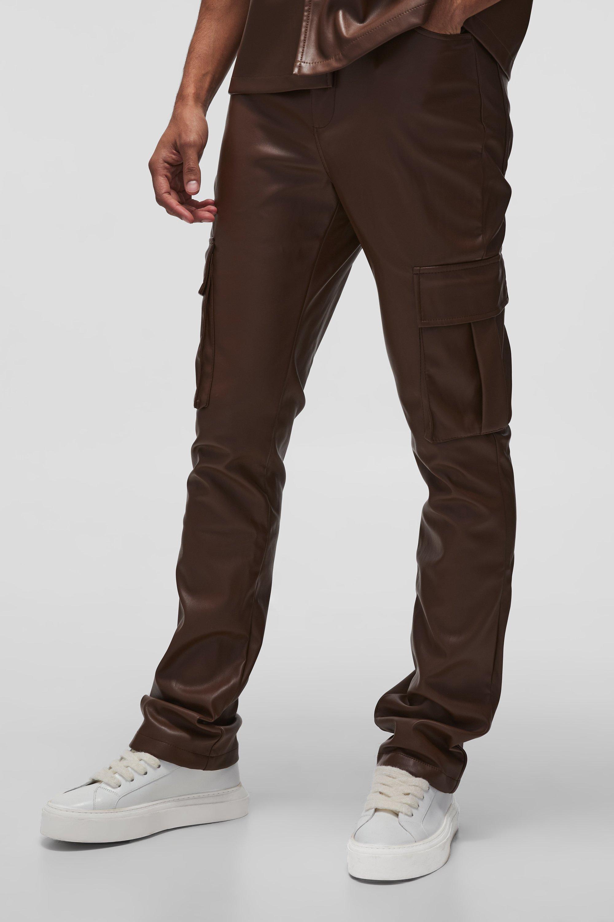 Slim-Fit Cargo PU-Schlaghose, Chocolate