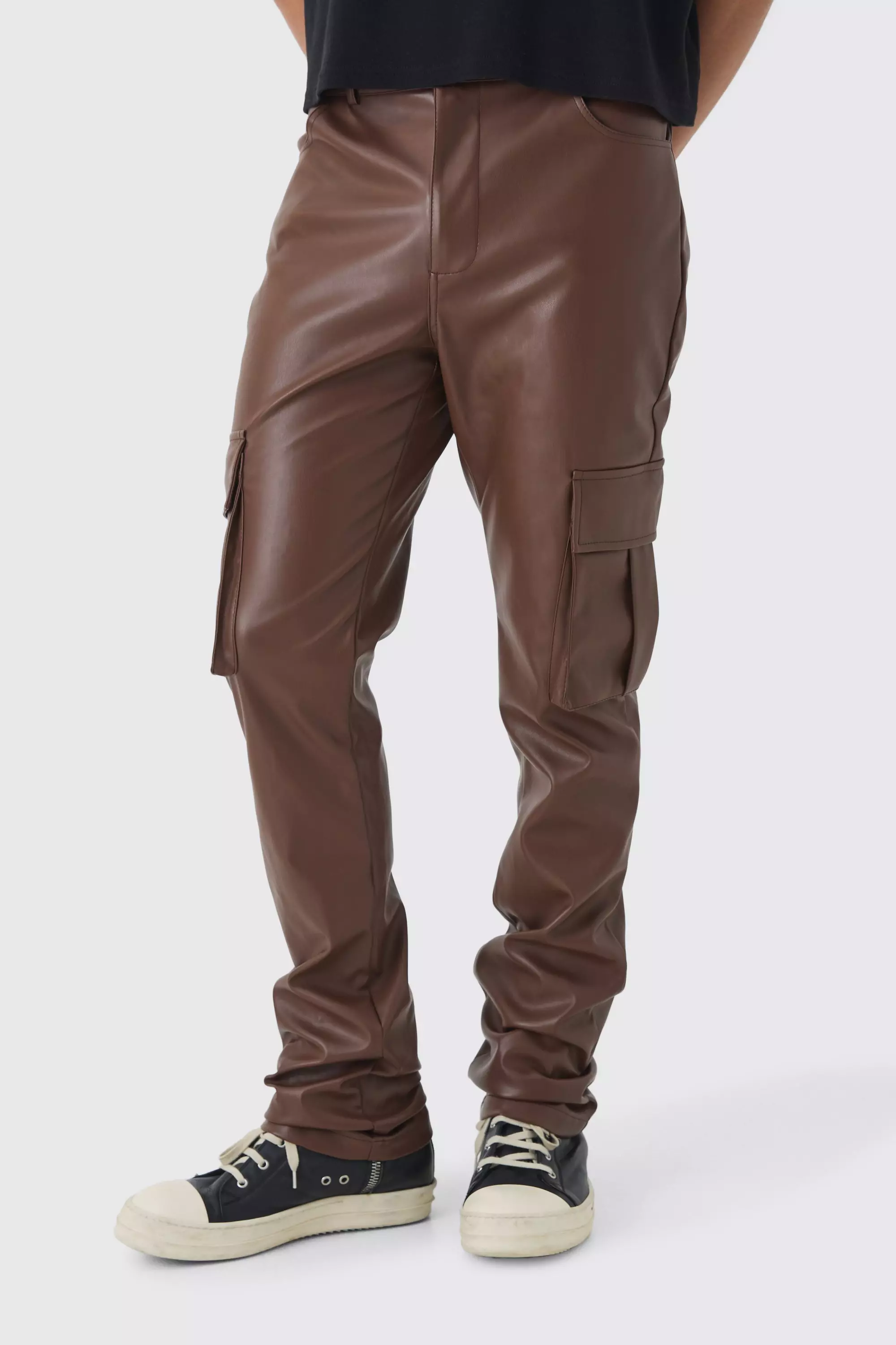 Slim Fit Stacked Flared Cargo PU Pants Chocolate