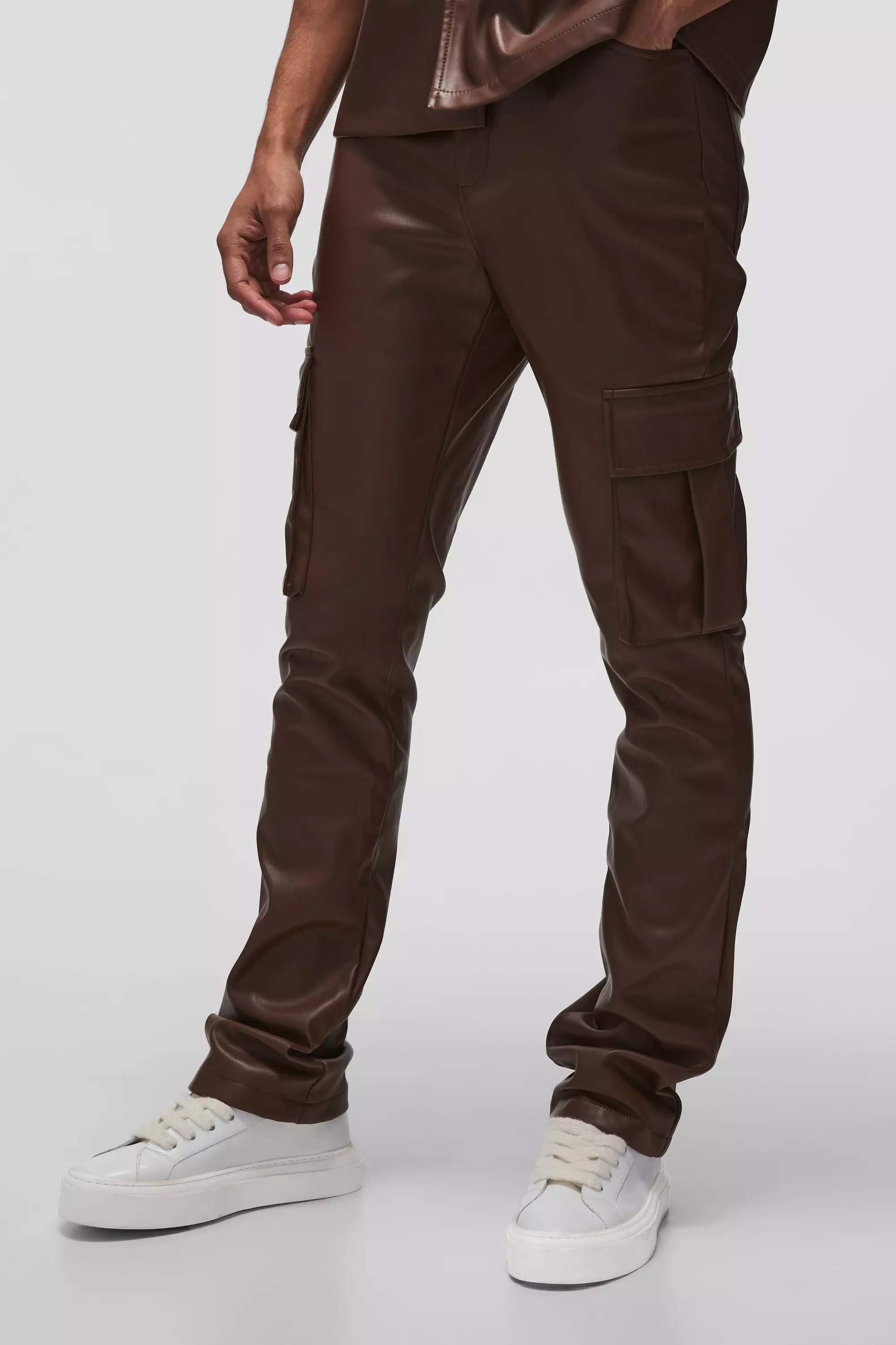 Chocolate Slim Fit Stacked Flared Cargo PU Trouser alternative image