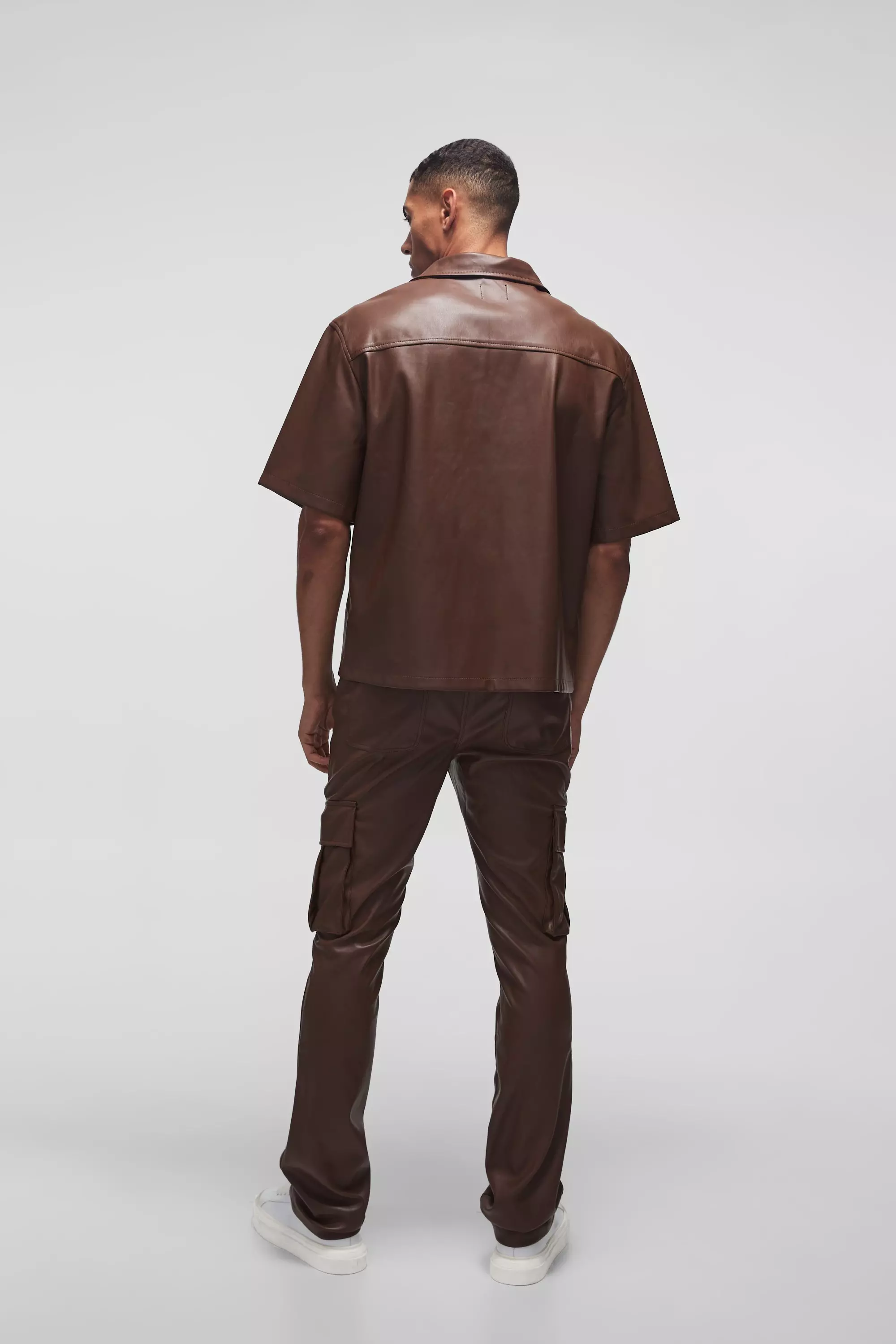 Chocolate Slim Fit Stacked Flared Cargo PU Trouser alternative image