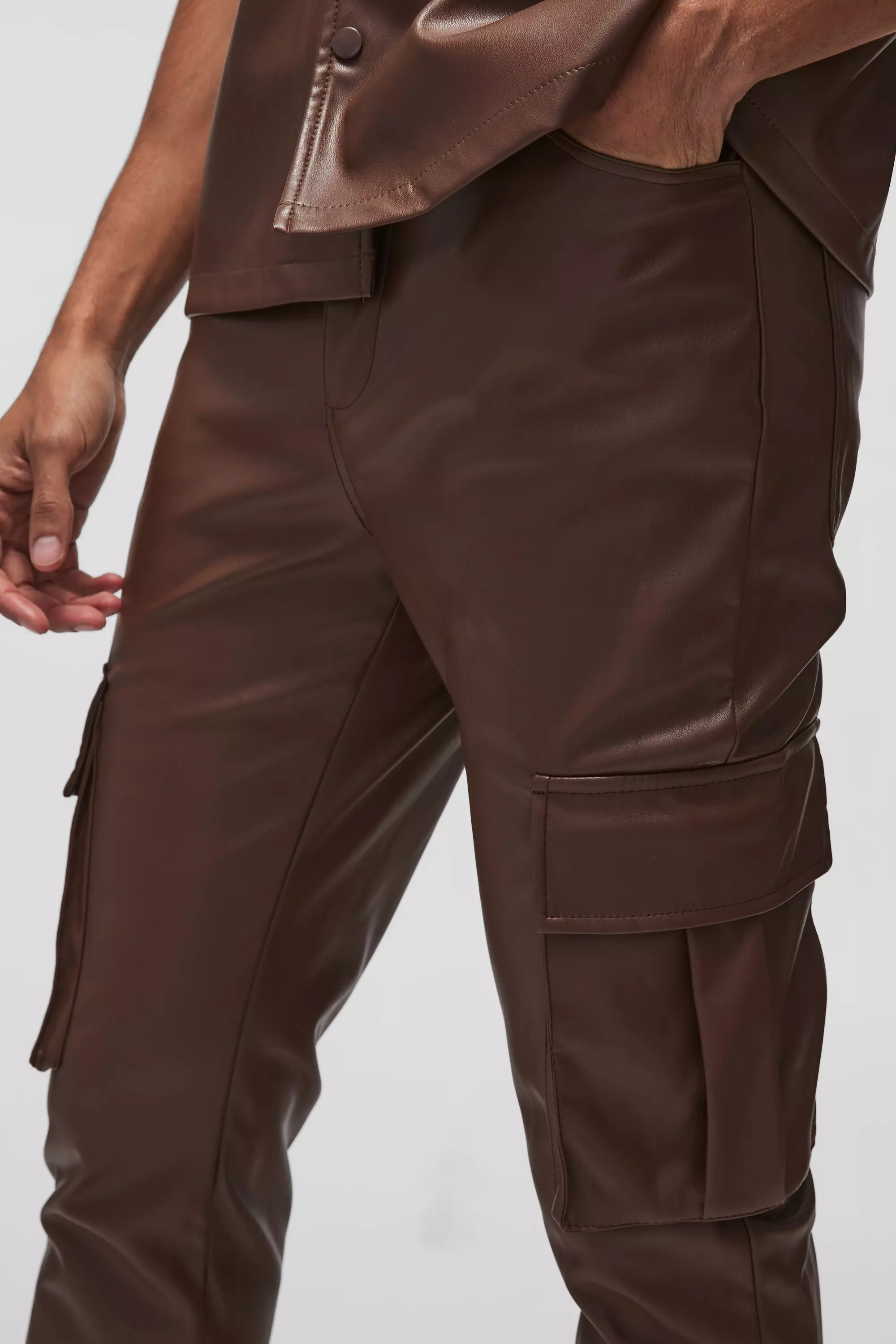 Chocolate Slim Fit Stacked Flared Cargo PU Trouser alternative image