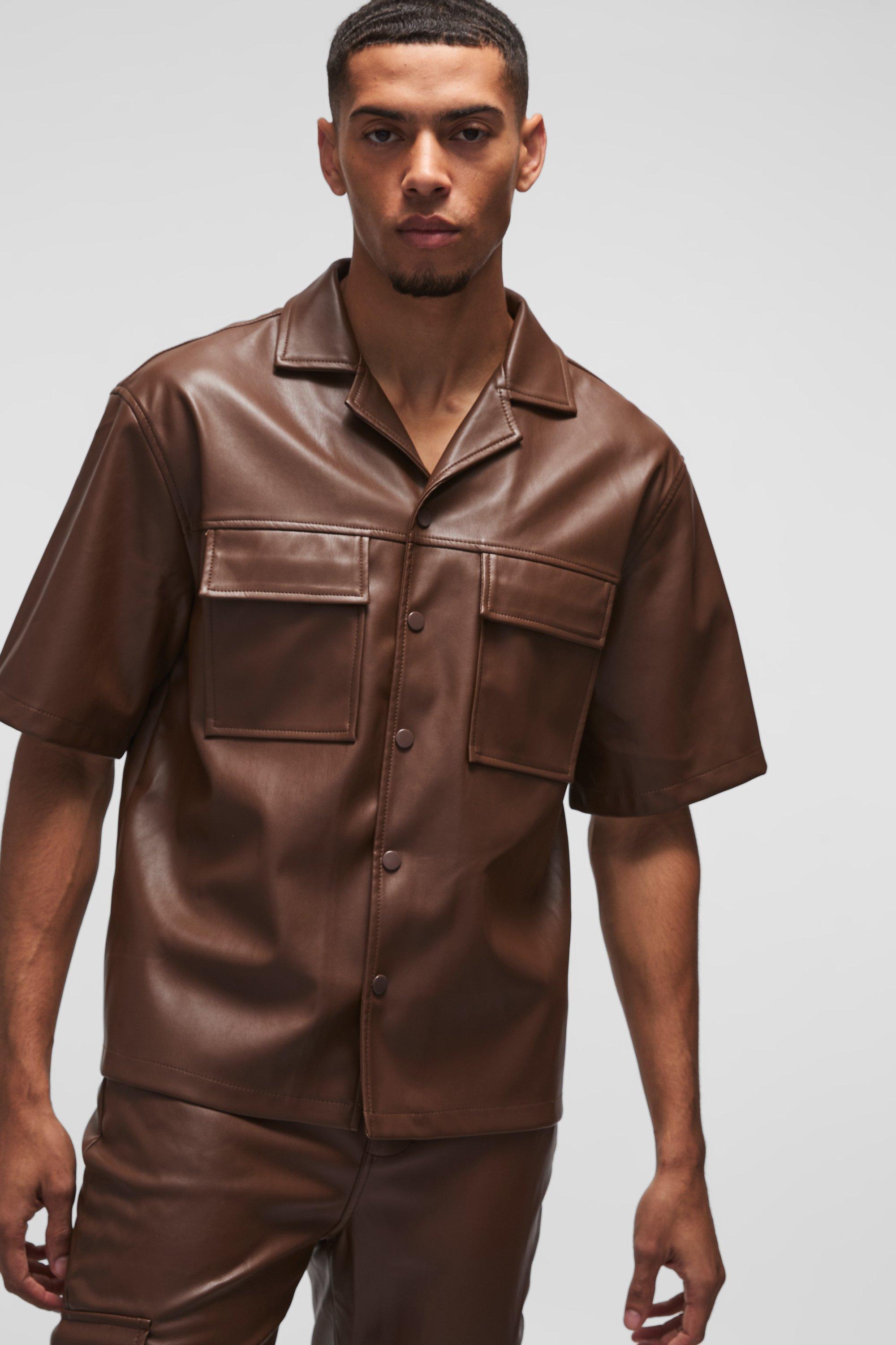 Kurzärmliges Oversize PU-Overshirt, Chocolate