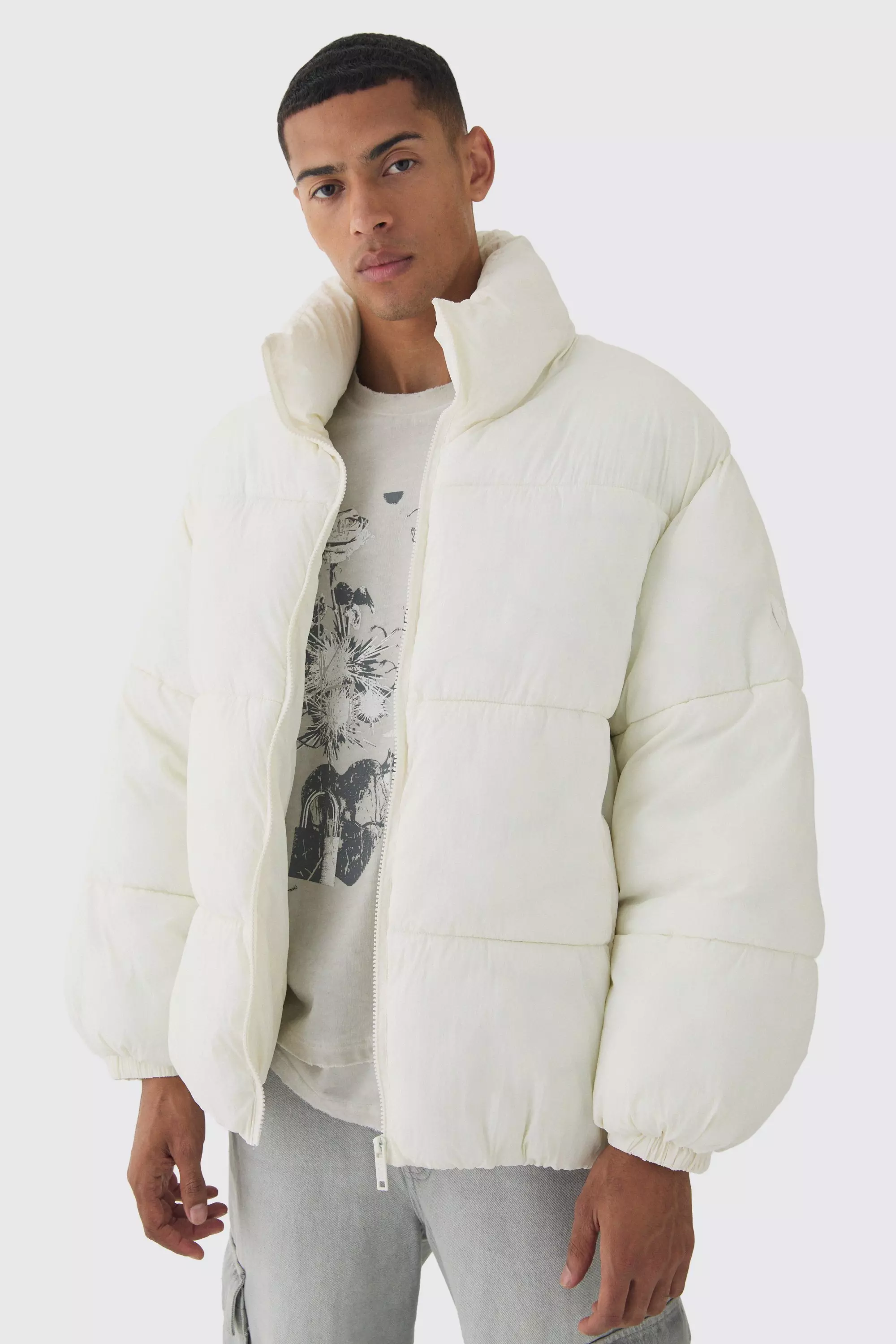 Man Tab Boxy Heavy Padded Puffer Jacket In Ecru Ecru