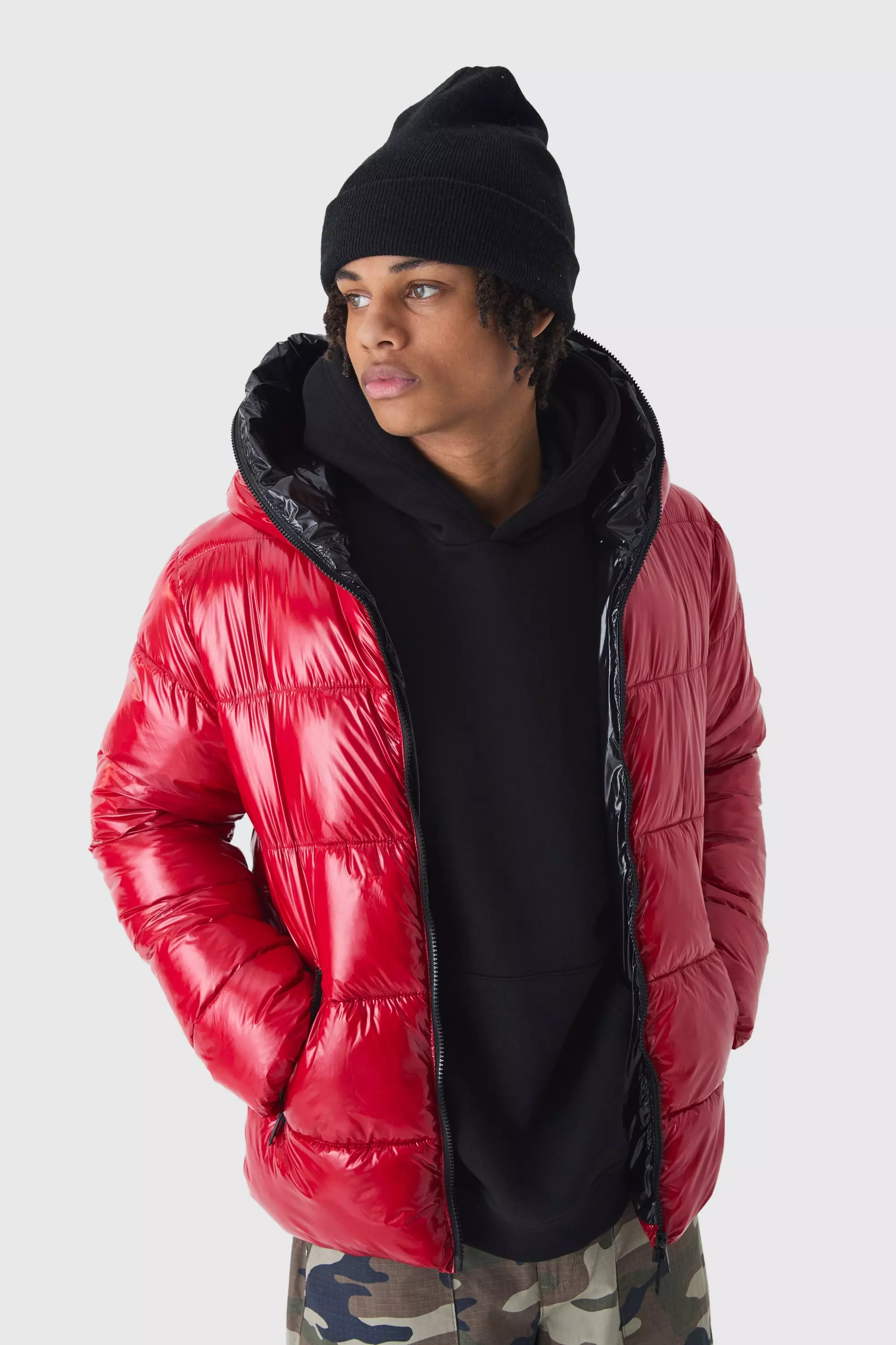 Red vinyl puffer coat on sale