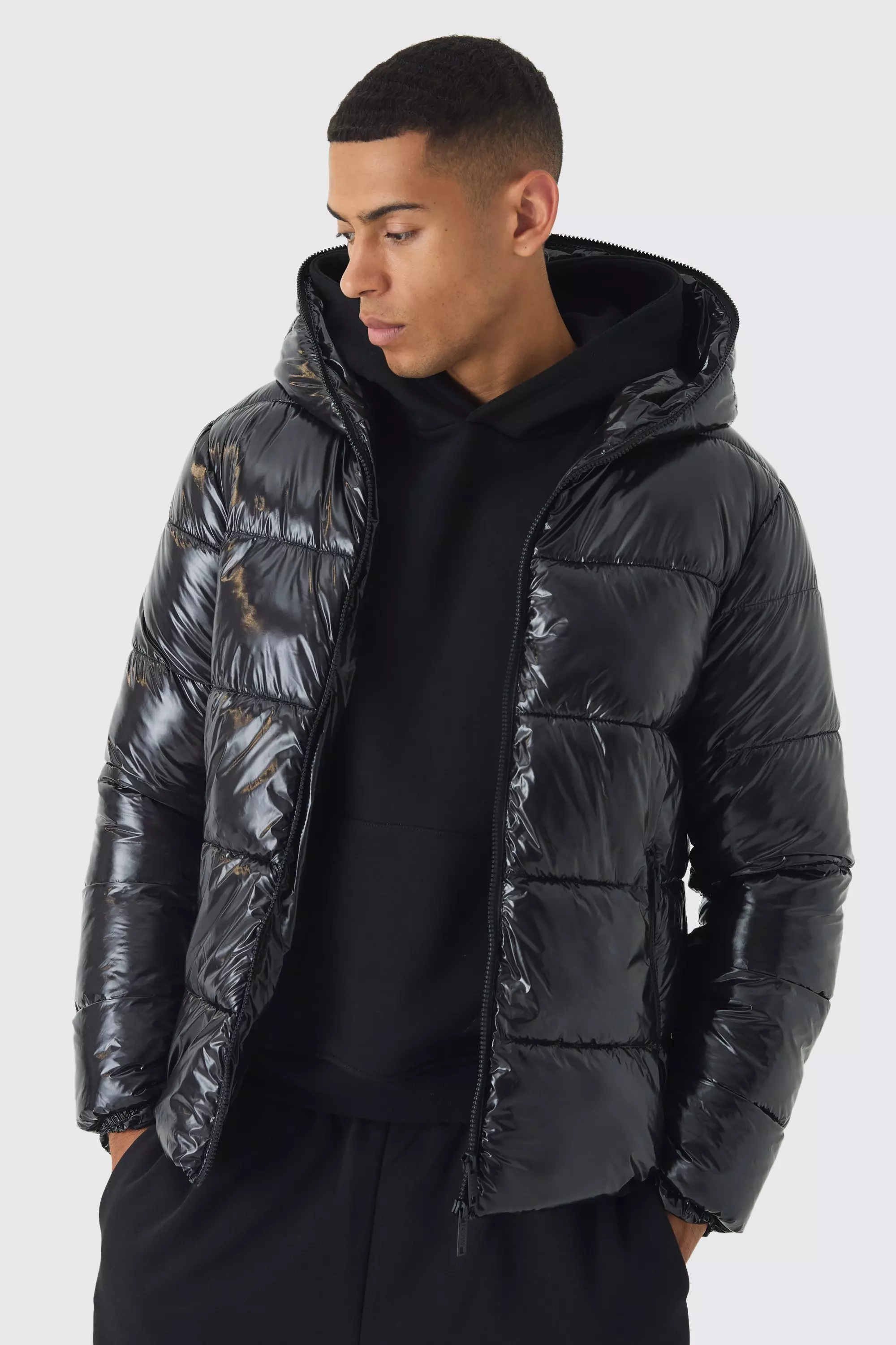 Zip Hood Vinyl Hi Shine Puffer Jacket In Black Black