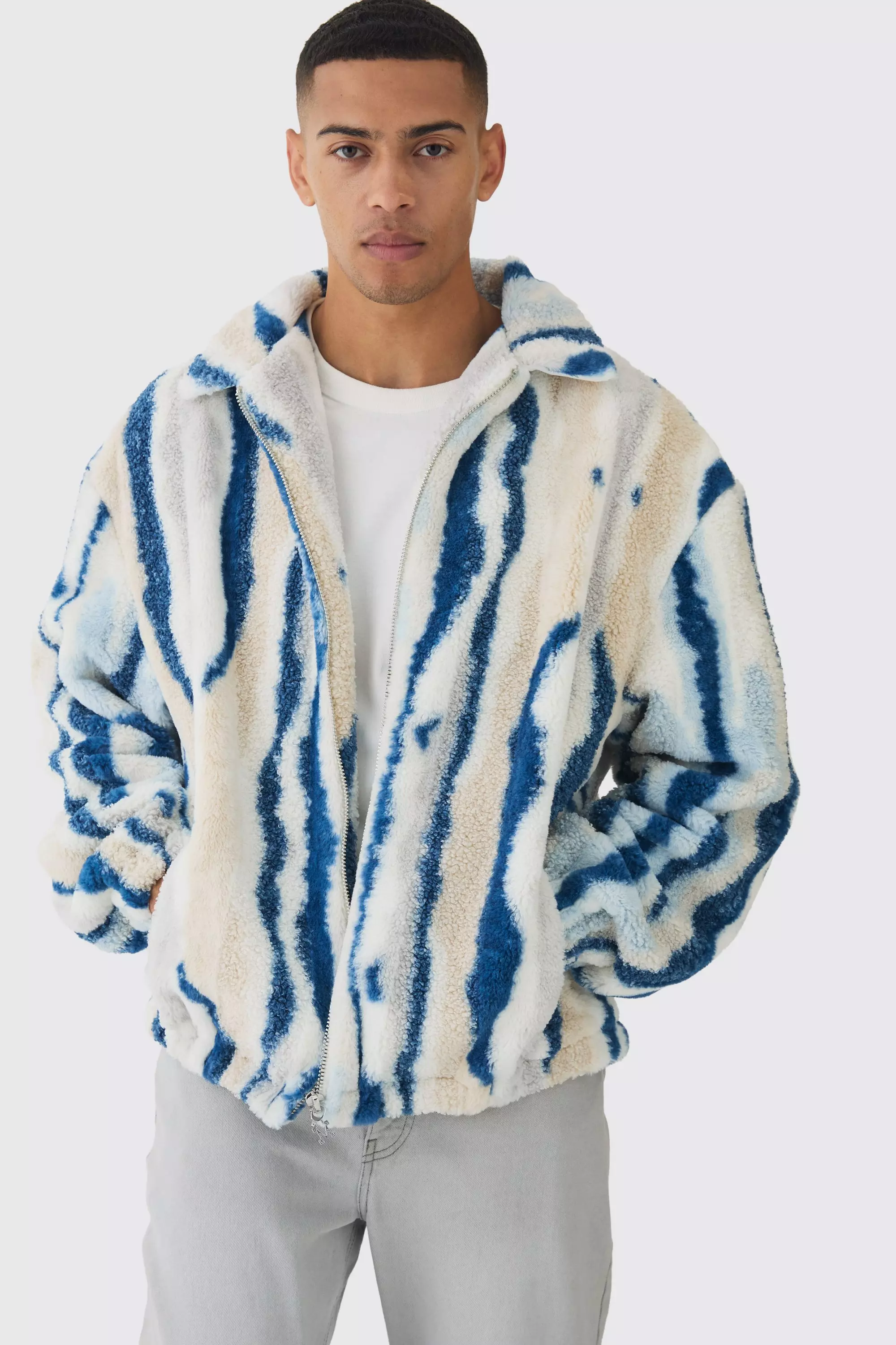 Oversized Borg Striped Zip Through Jacket In Blue Blue