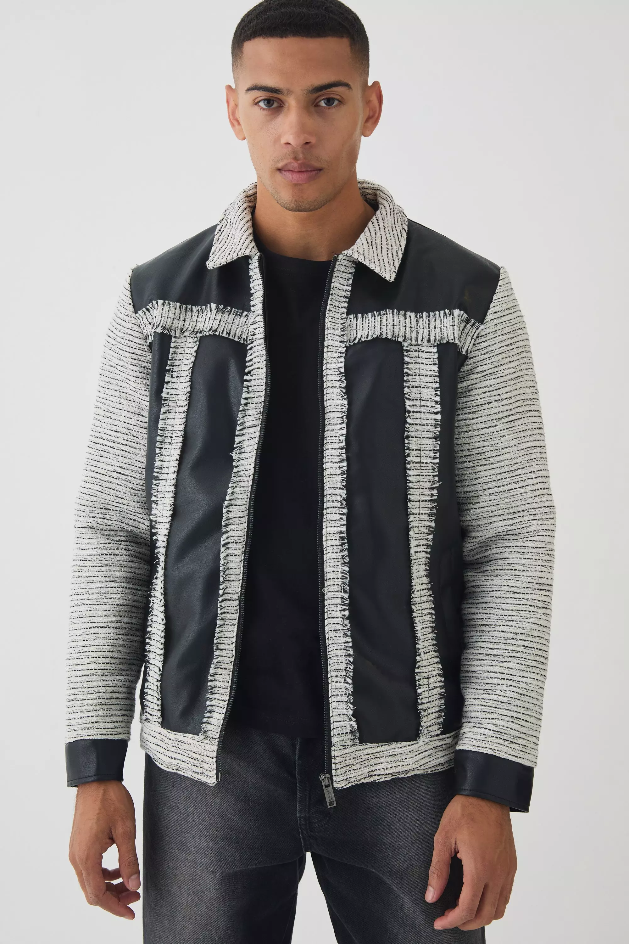 Black Zwart Tweed En PU Harrington Jas Met Panelen alternatieve afbeelding