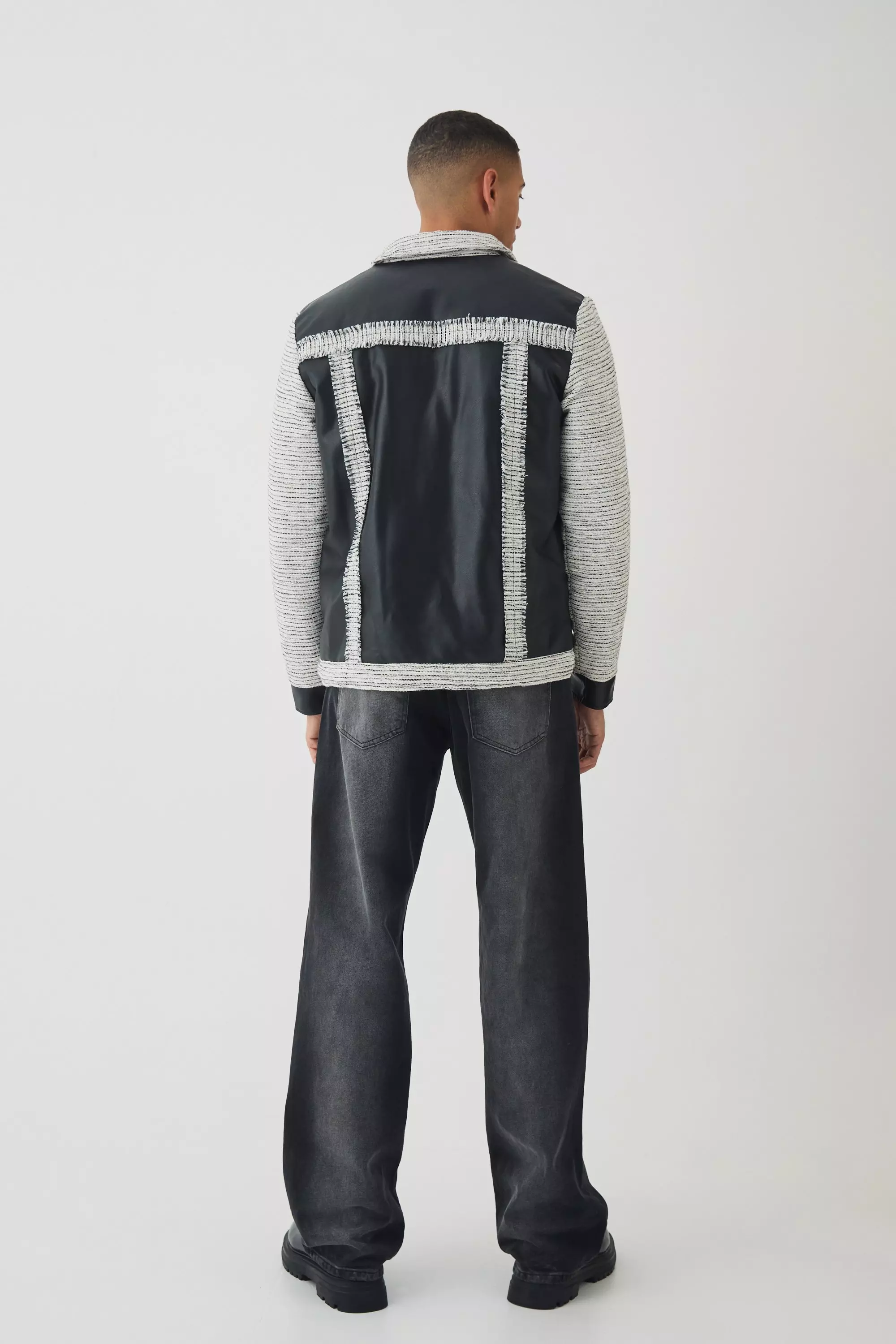 Black Zwart Tweed En PU Harrington Jas Met Panelen alternatieve afbeelding