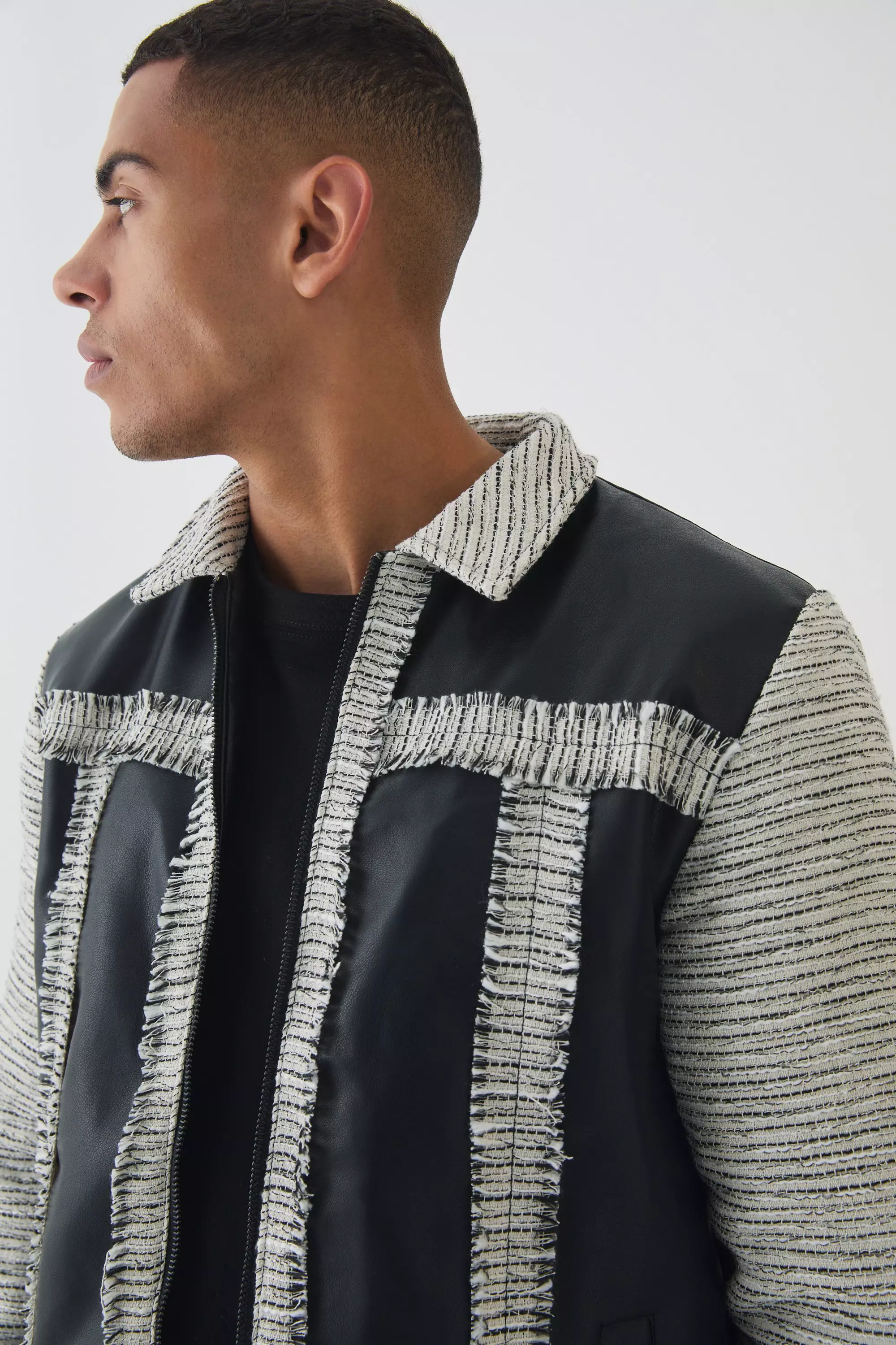 Black Zwart Tweed En PU Harrington Jas Met Panelen alternatieve afbeelding