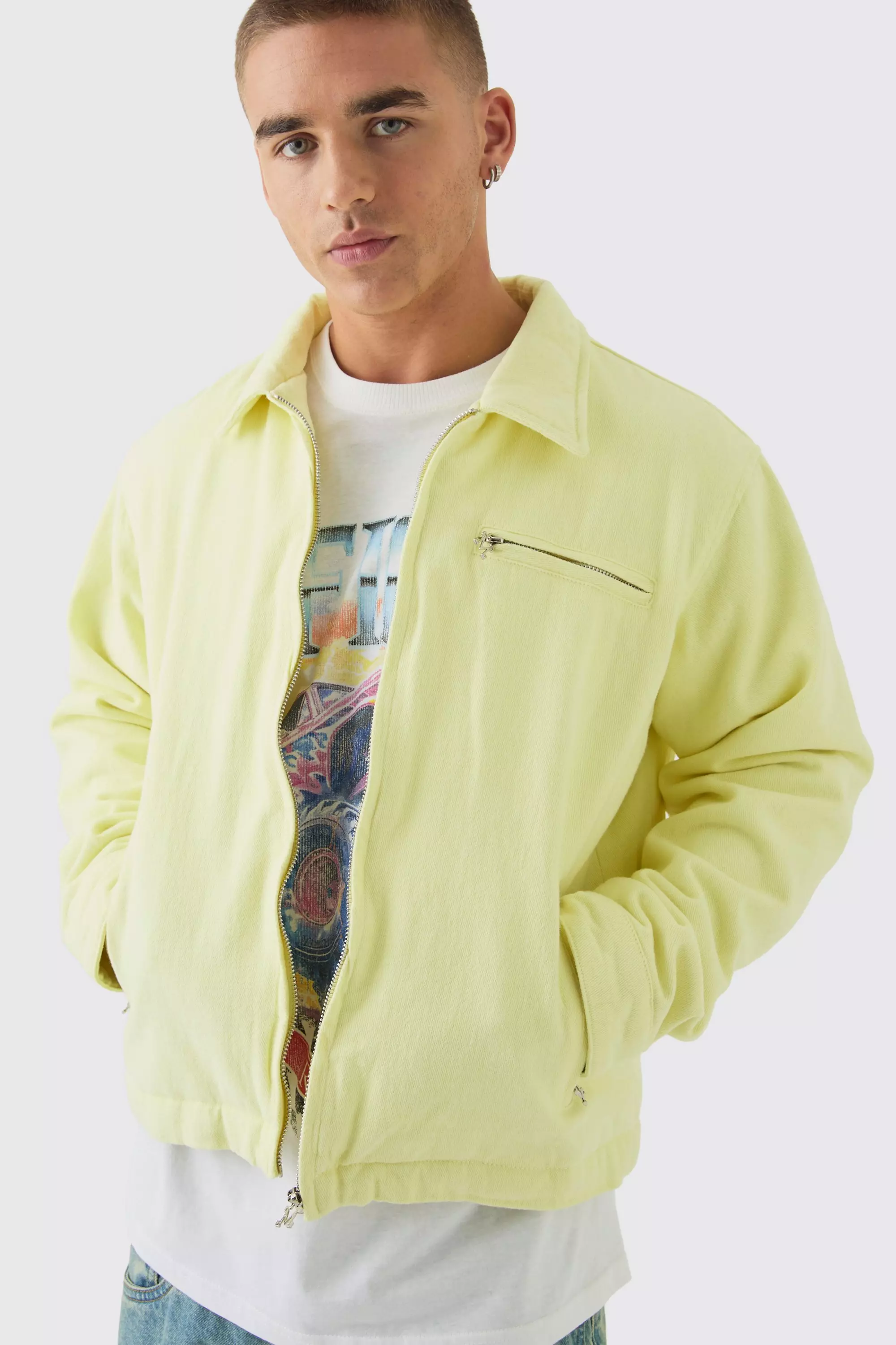 Yellow Washed Padded Twill Worker Jacket In Yellow