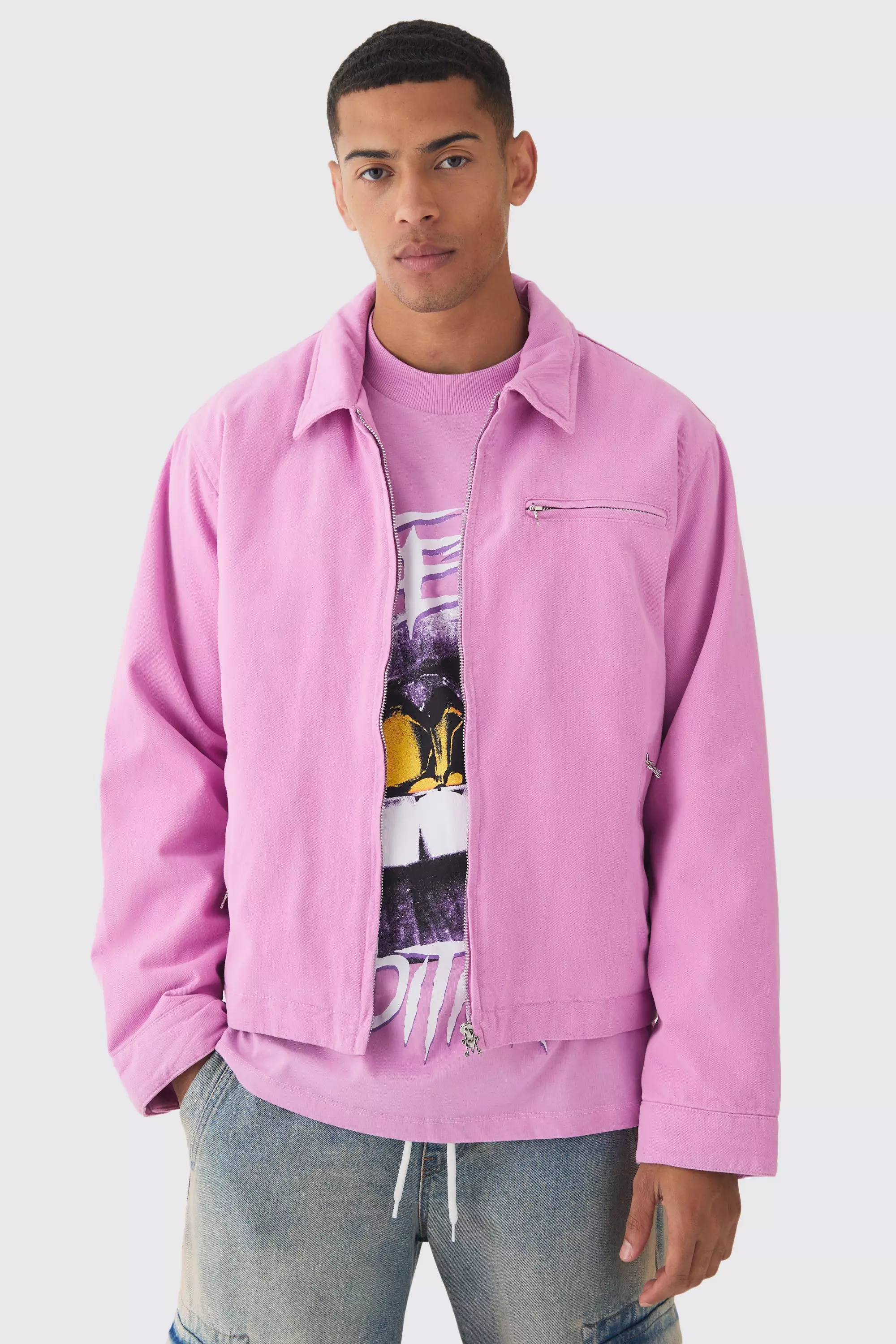 Washed Padded Twill Worker Jacket In Pink Pink