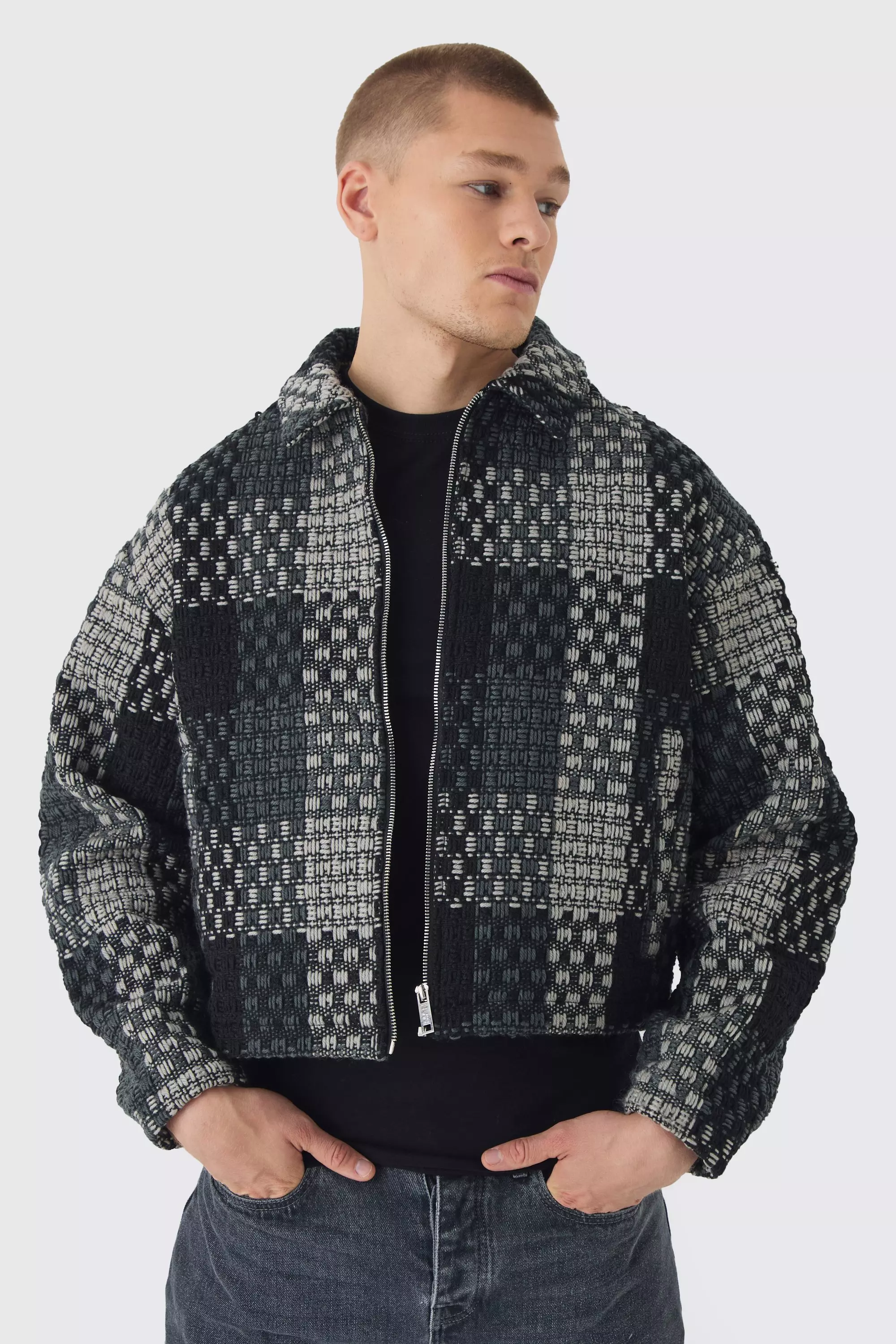 Boxy Plaid Harrington Jacket In Grey boohooMAN USA