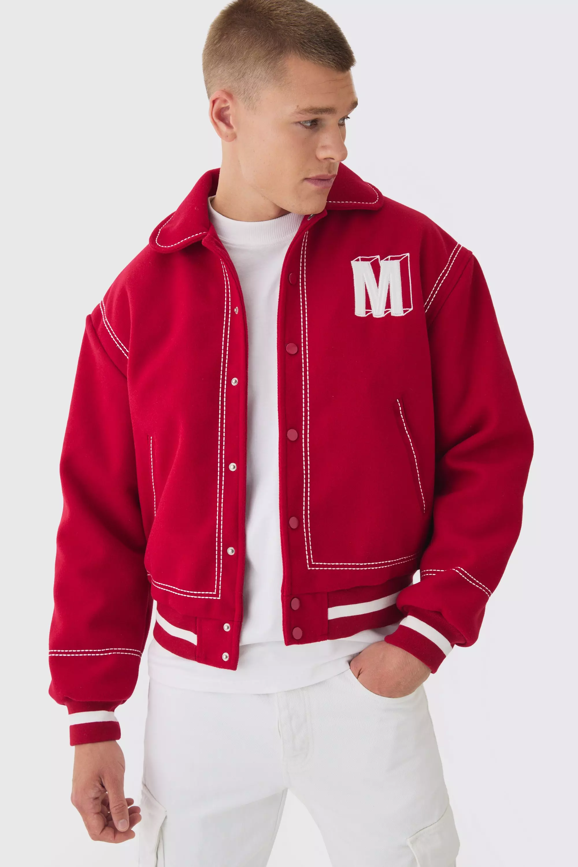Boxy Stitch Detail Melton Varsity Jacket In Red | boohooMAN USA
