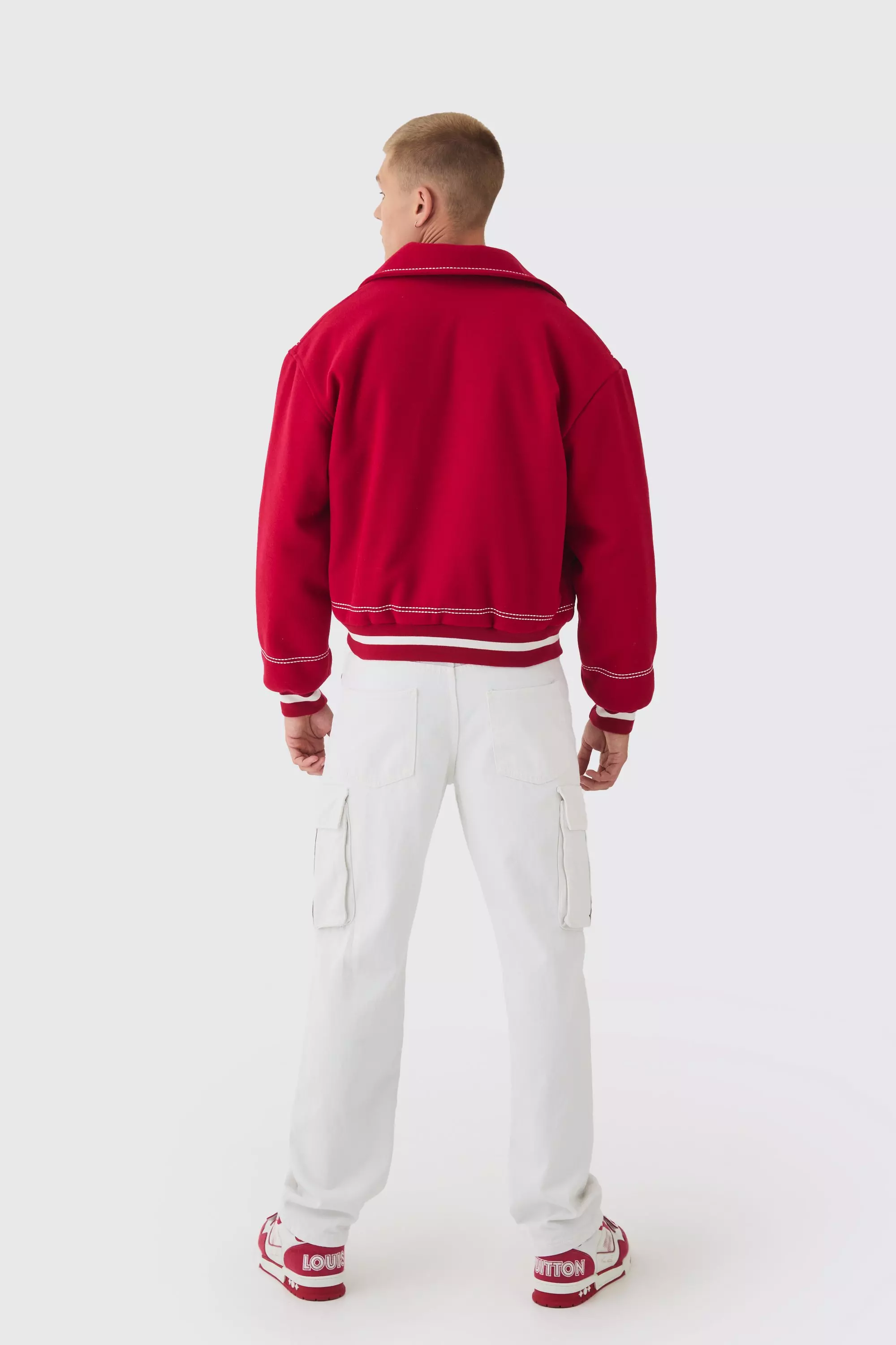 Boxy Stitch Detail Melton Varsity Jacket In Red | boohooMAN USA