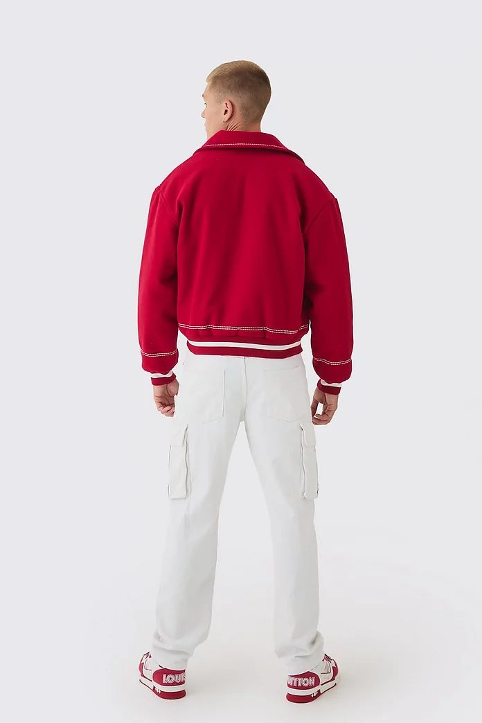 Boxy Stitch Detail Melton Varsity Jacket In Red | boohooMAN USA Boxy Stitch Detail Melton Varsity Jacket In Red | boohooMAN USA