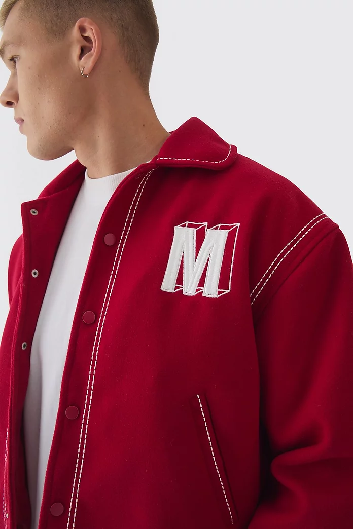 Boxy Stitch Detail Melton Varsity Jacket In Red | boohooMAN USA Boxy Stitch Detail Melton Varsity Jacket In Red | boohooMAN USA