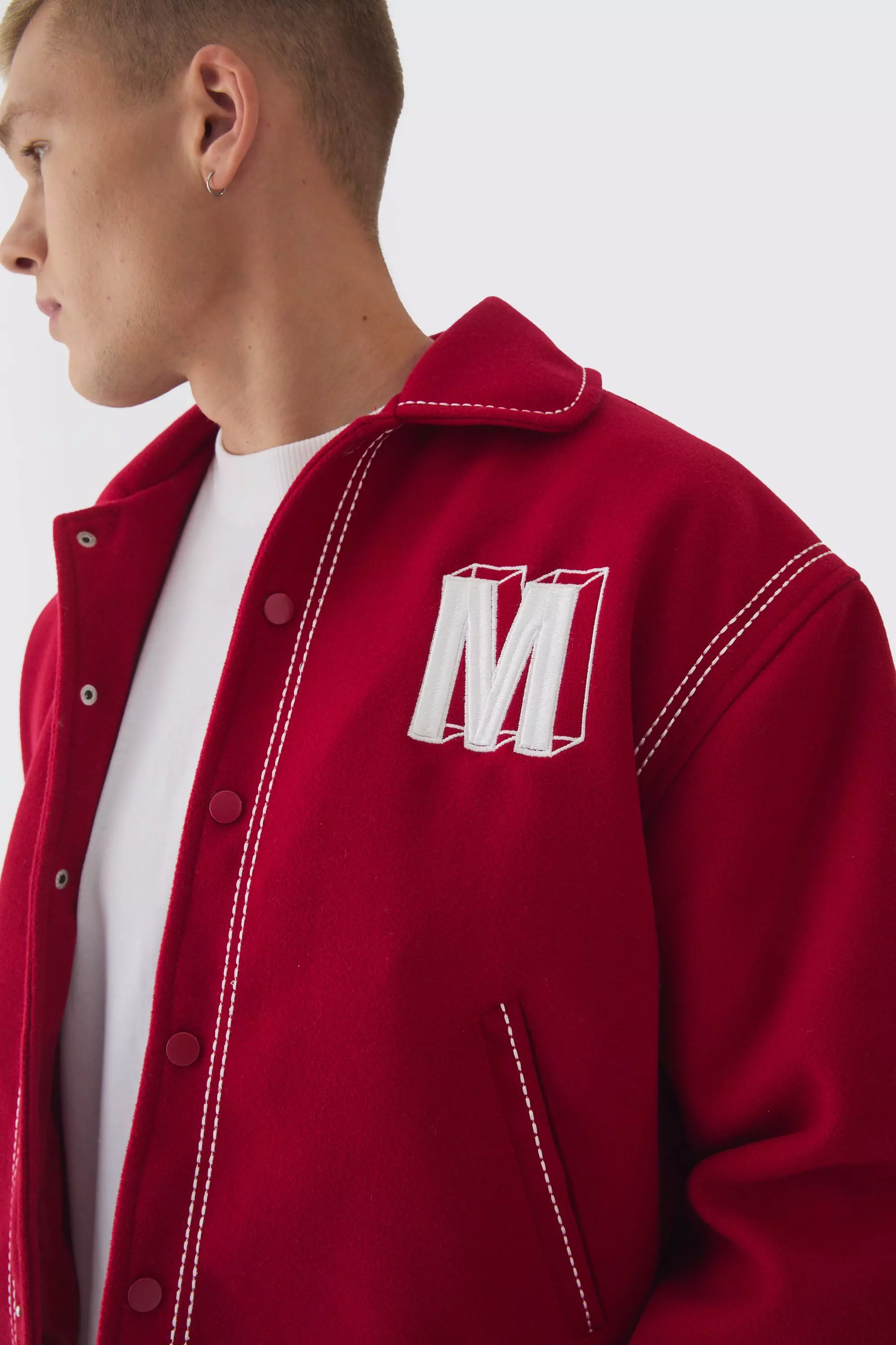 Boxy Stitch Detail Melton Varsity Jacket In Red boohooMAN IE