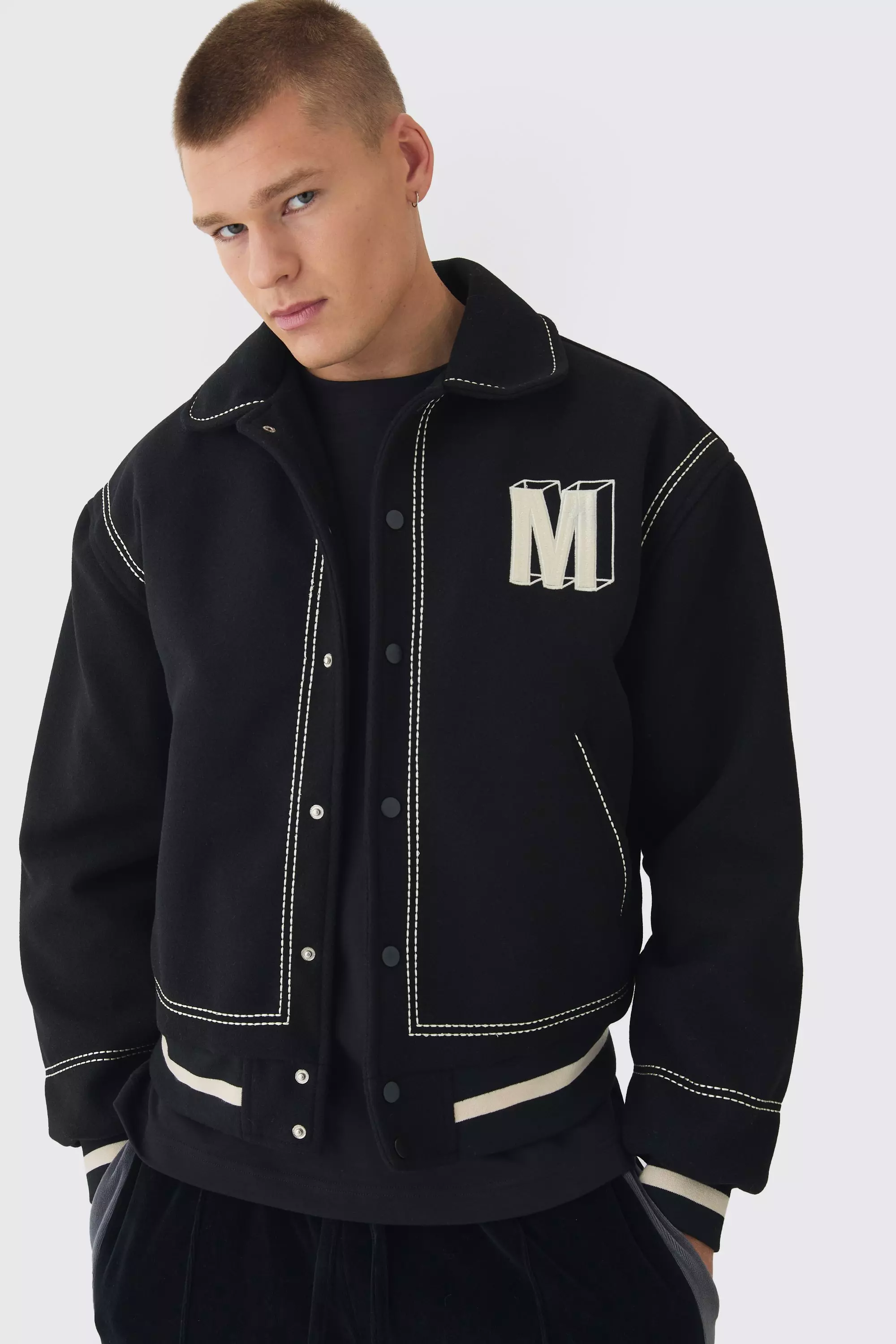 Boxy Stitch Detail Melton Varsity Jacket In Black | boohooMAN USA