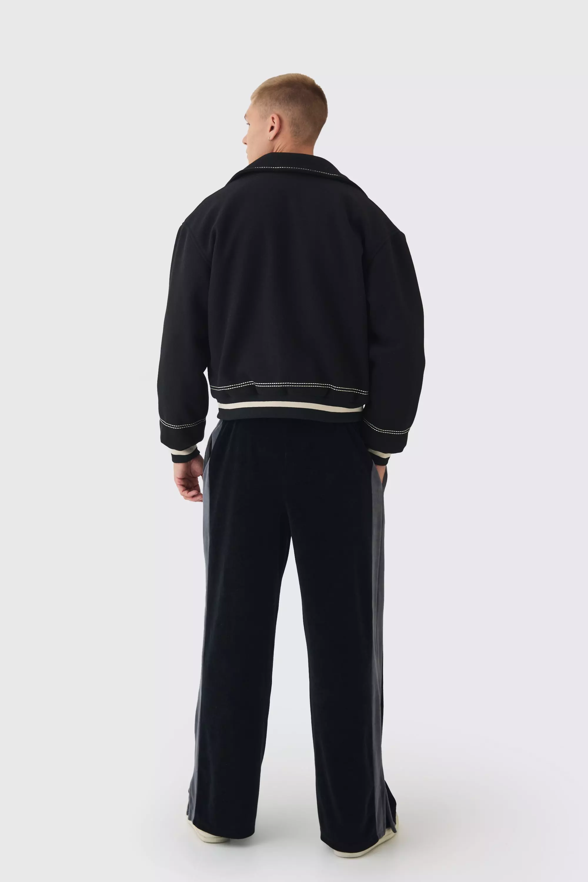 Boxy Stitch Detail Melton Varsity Jacket In Black | boohooMAN USA
