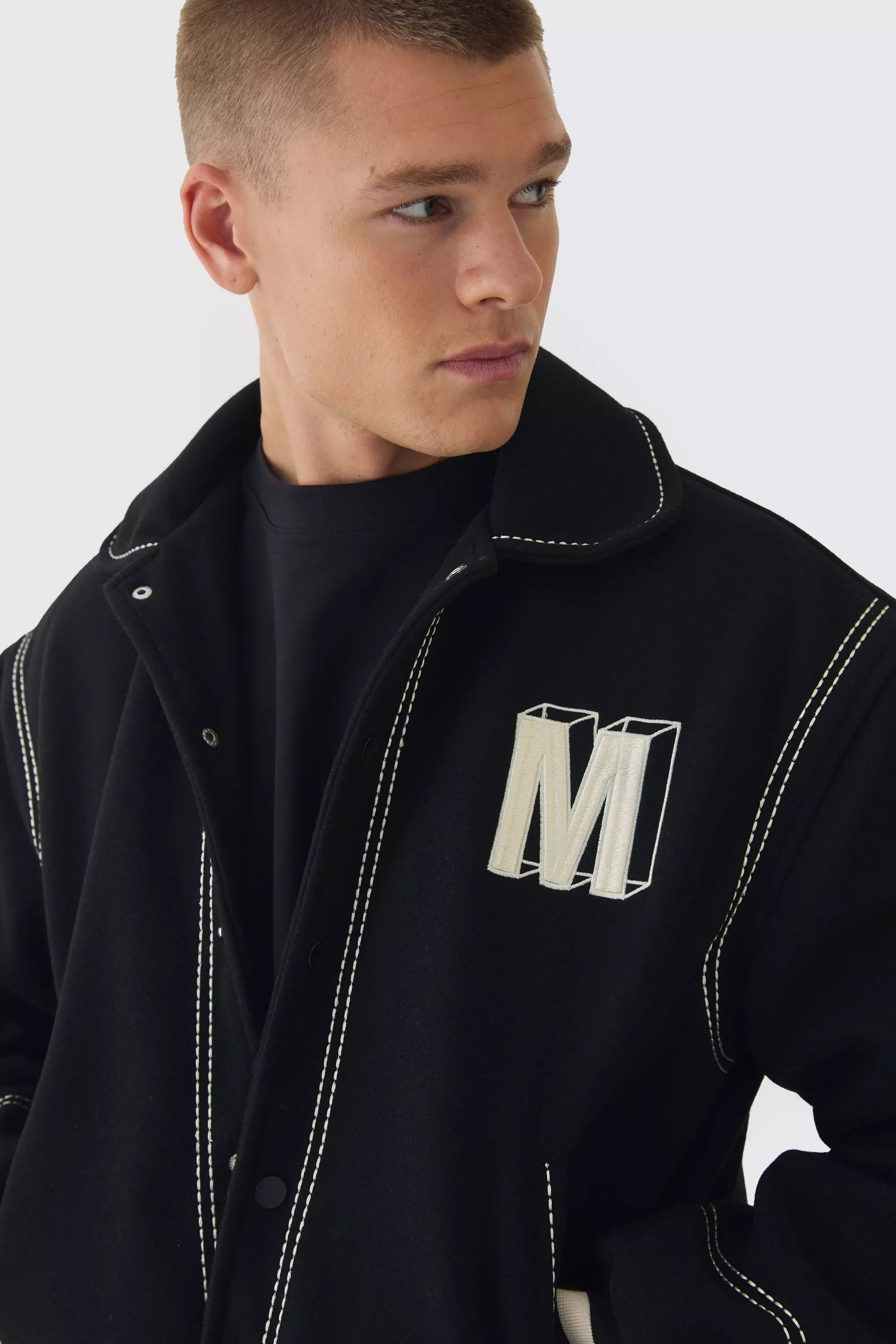 Boxy Stitch Detail Melton Varsity Jacket In Black | boohooMAN USA