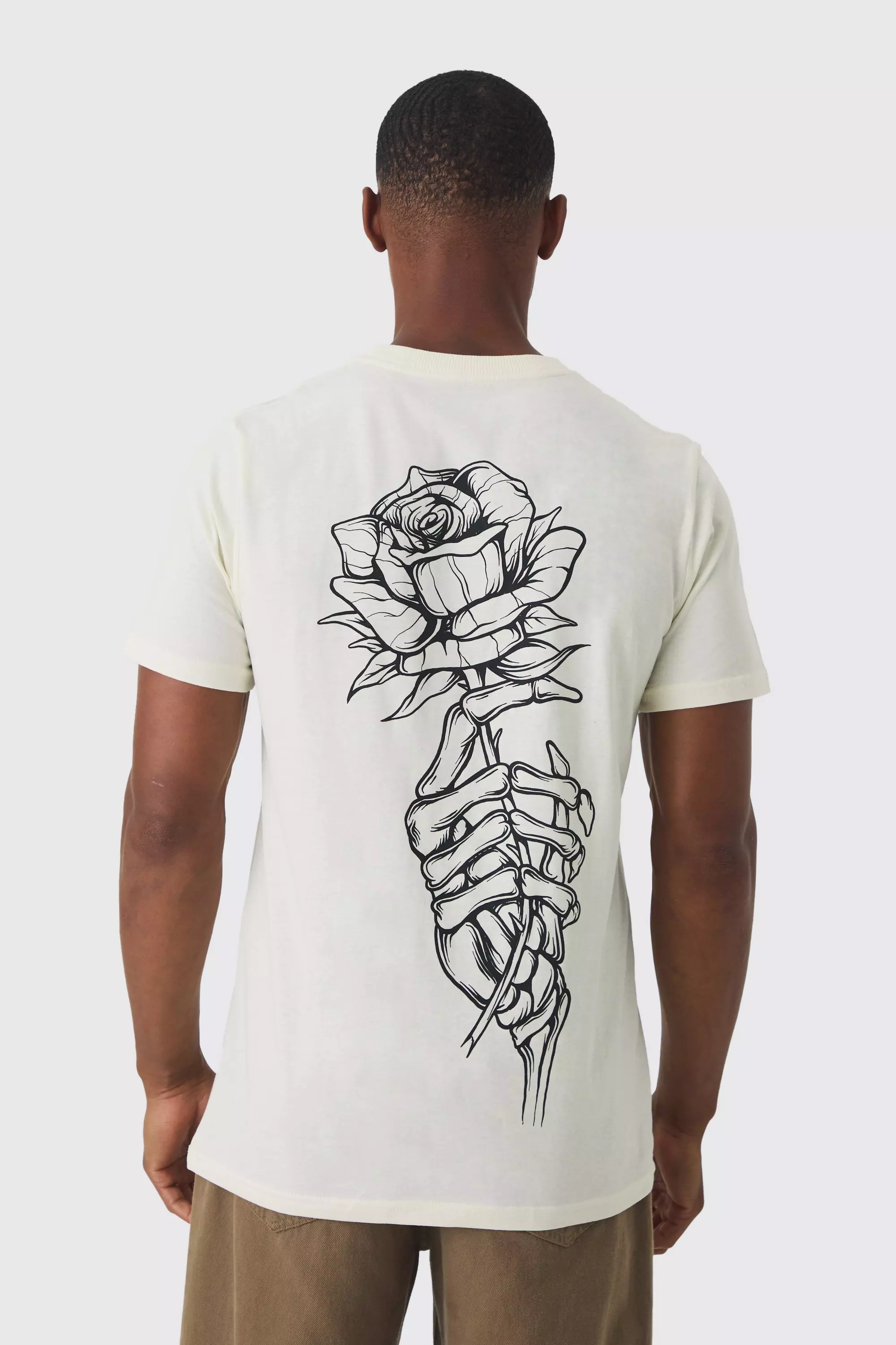Slim Fit Washed Rose Line Drawn Back Print T-shirt Ecru