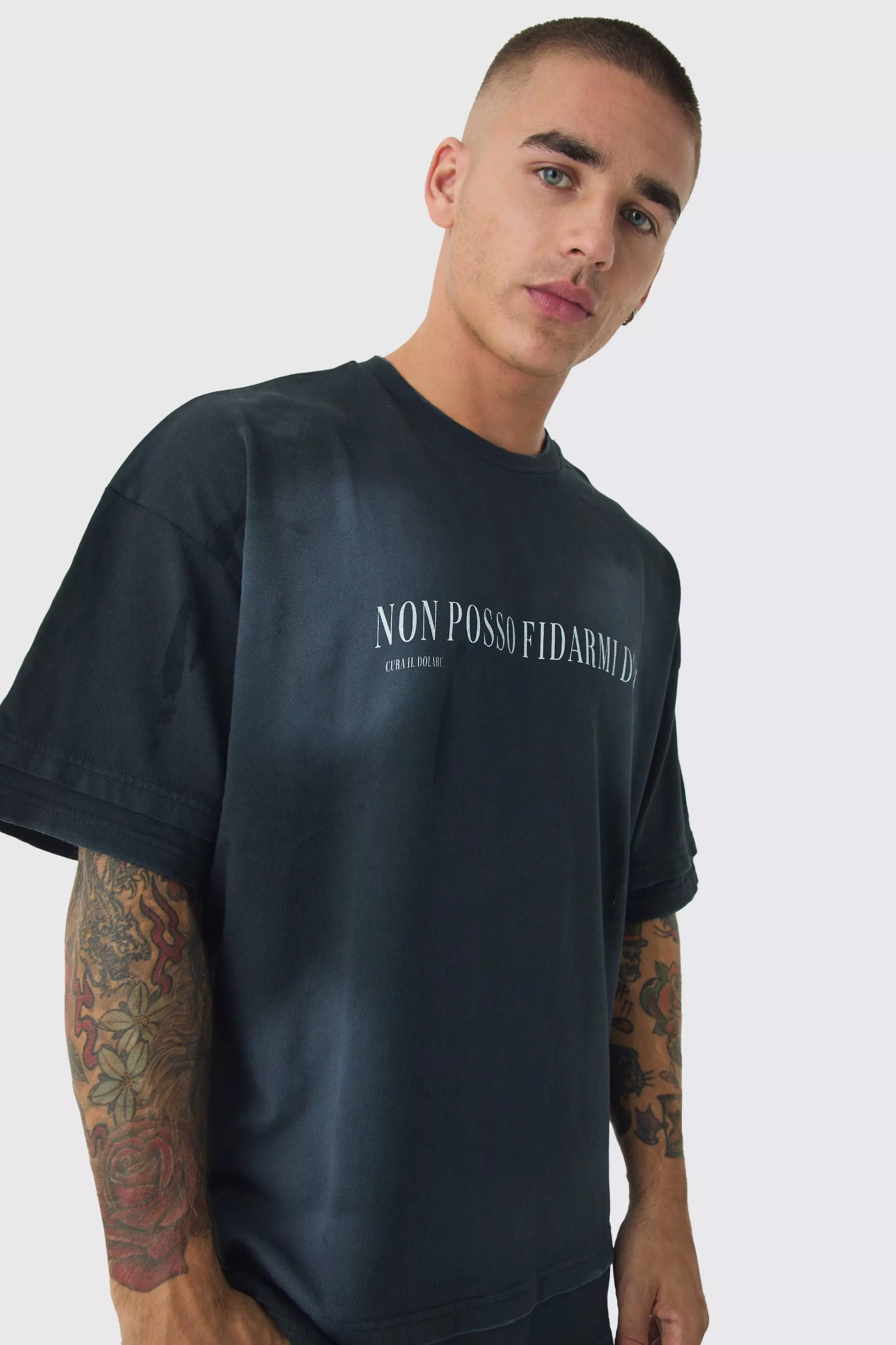 Premium Oversized Faux Layer Top Stitch Washed T-shirt Black