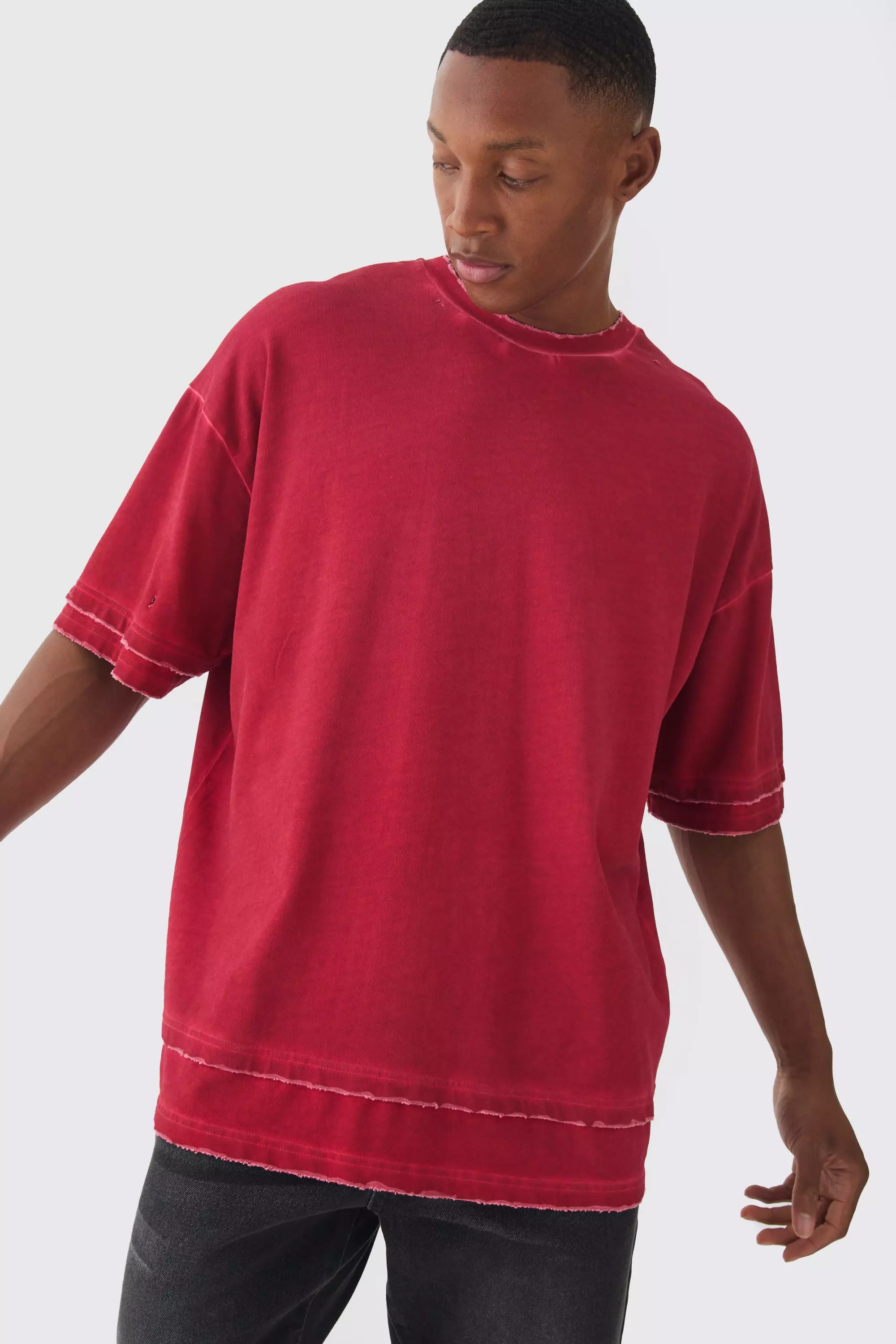 Premium Oversized Faux Layer Top Stitch Washed T-shirt Red