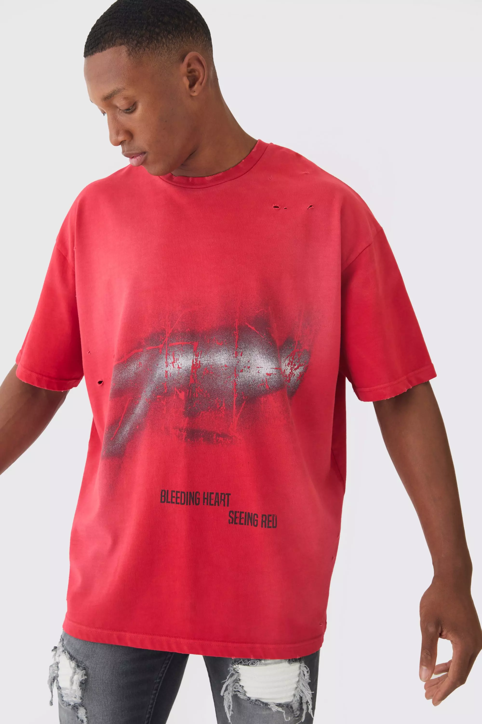 Premium Oversized Washed & Graphic T-shirt Red