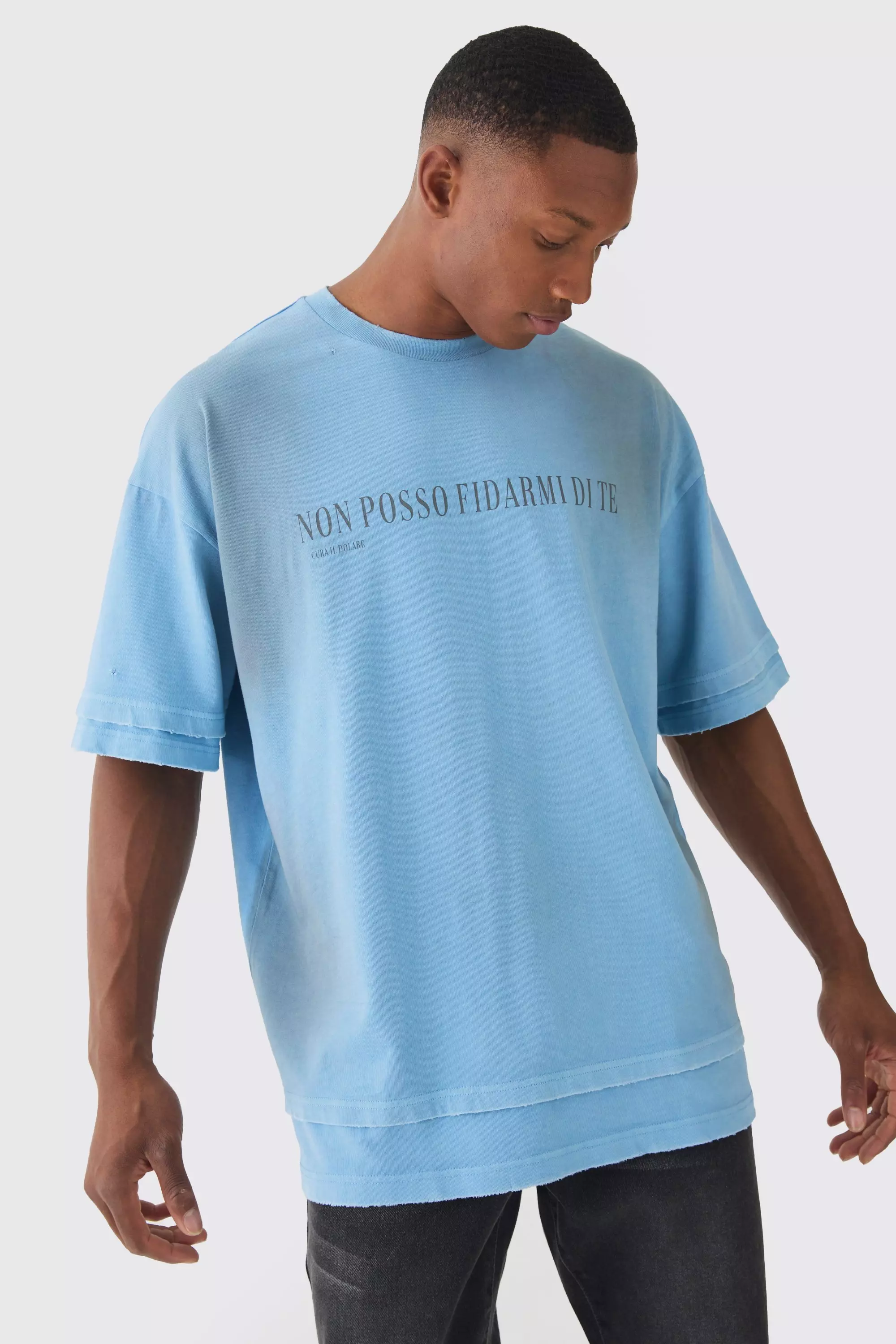 Premium Oversized Faux Layer Washed & Embroidered T-shirt Dusty blue