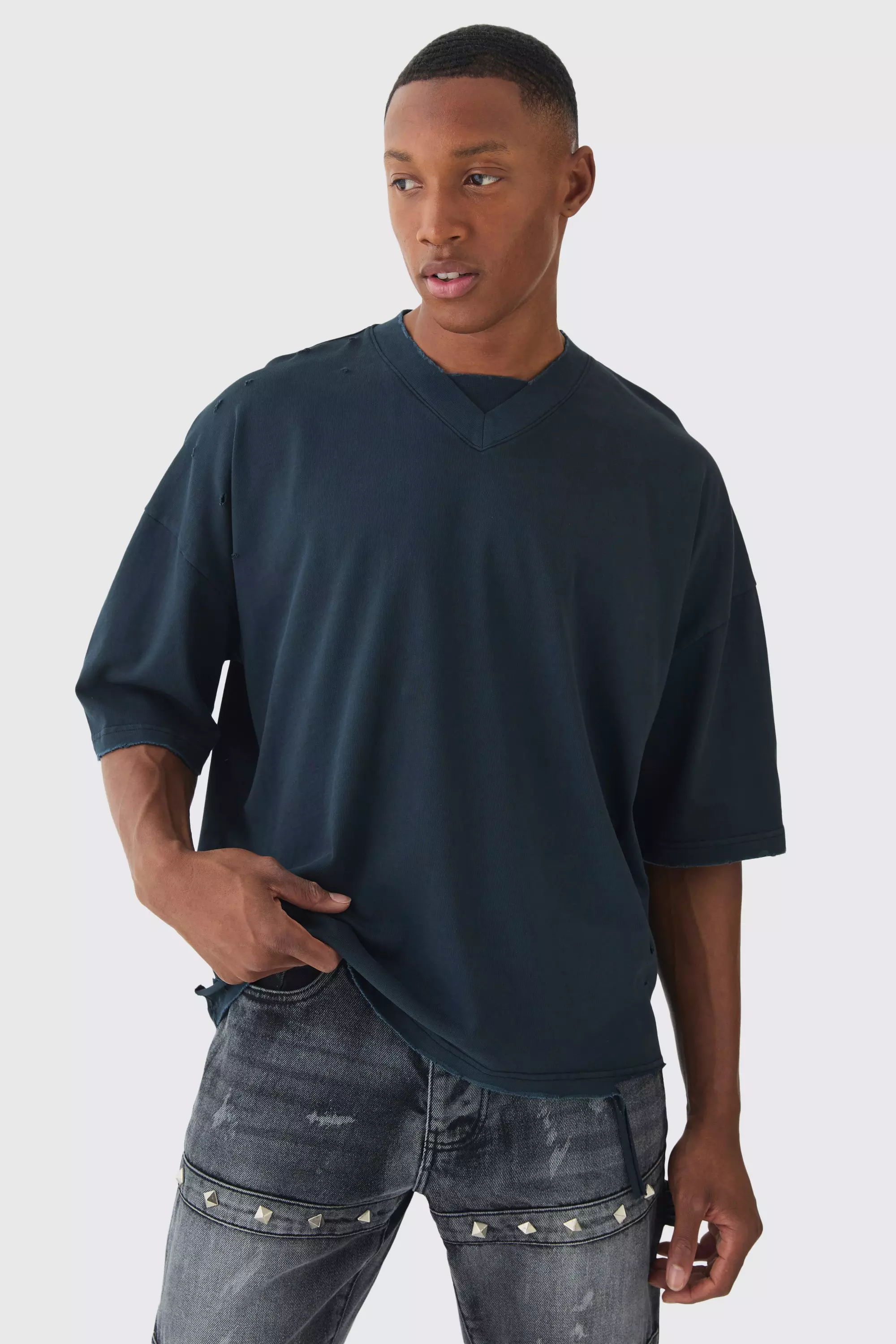 Premium Oversized V Neck Dropped Shoulder Top Stitched Washed T-shirt Black