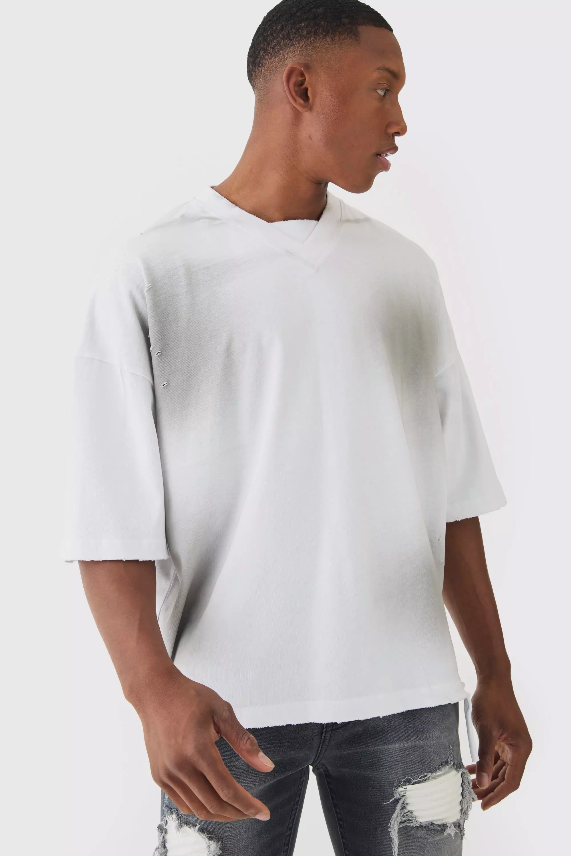 Premium Oversized V Neck Dropped Shoulder Top Stitched, Washed T-shirt White