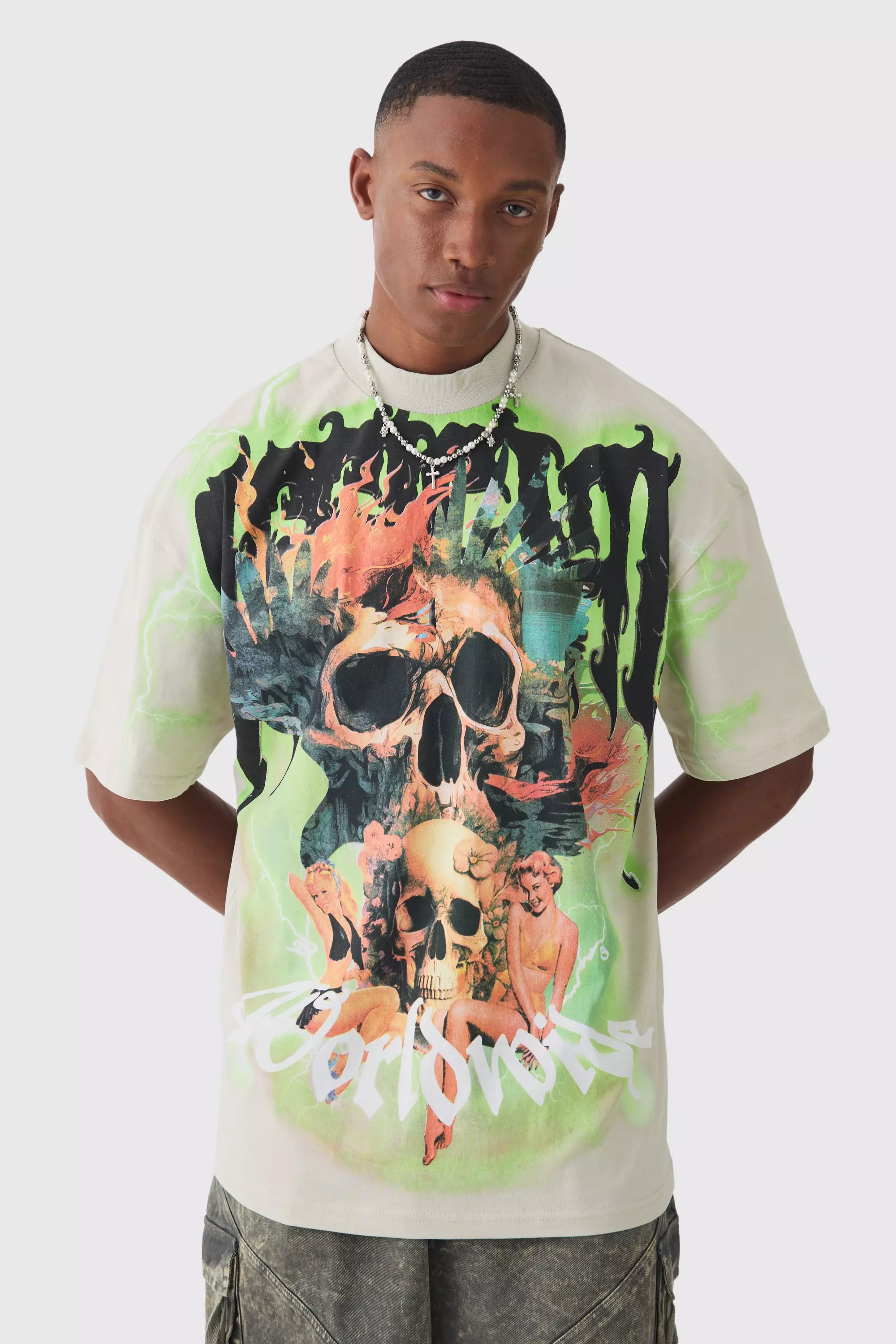 Taupe Beige Oversized Extended Neck Extreme Skull Graphic T-shirt