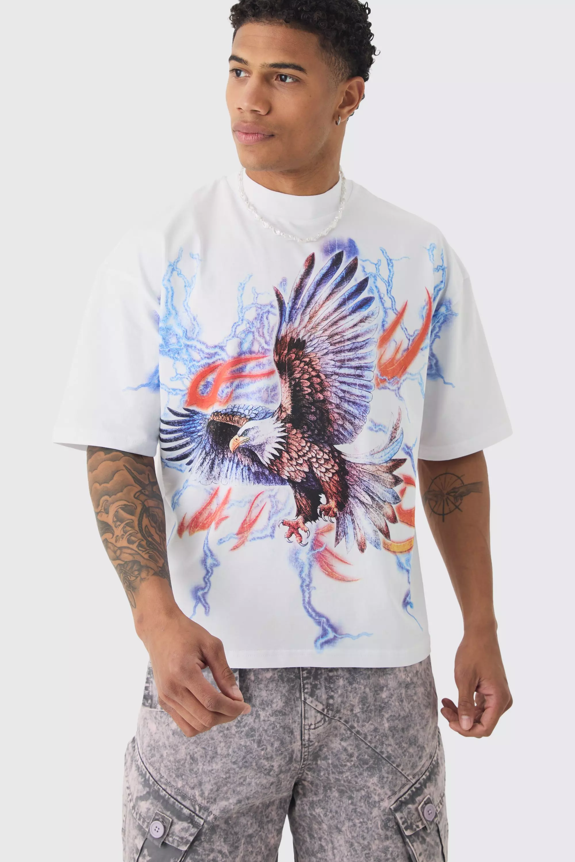 White Oversized Boxy Extended Neck Extreme Lightning Eagle T-shirt